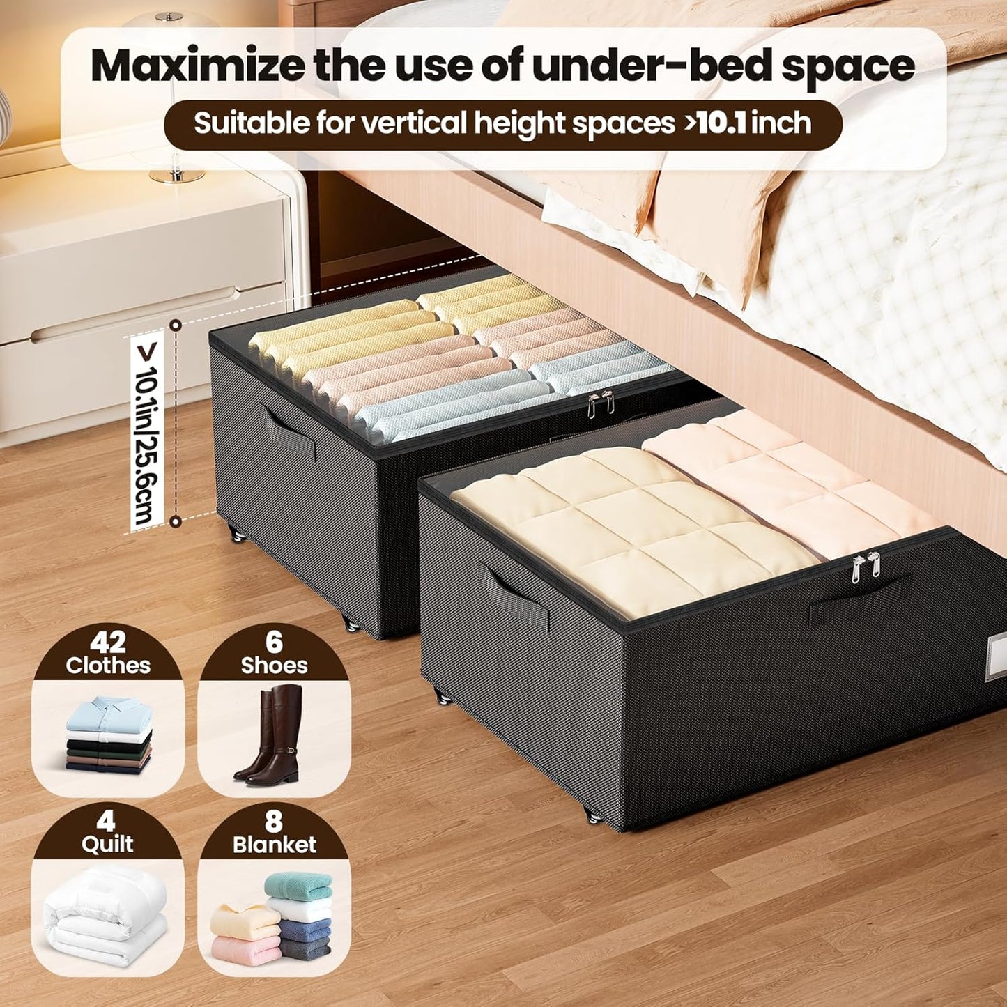 Underbed Storage with Wheels, 2 Pack Under Bed Storage Containers with Clear Lids, No Assembly Required 10.1 inch Rolling Under Bed Storage for Clothes, Blankets