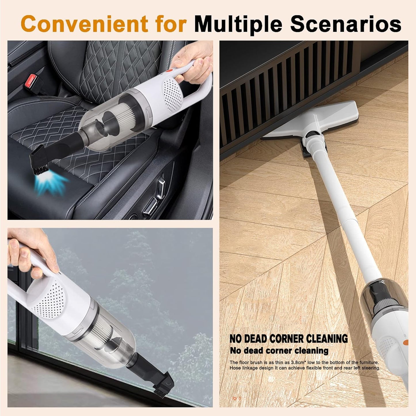 6-in-1 Lightweight Stick Vacuum Cleaner with 100W Powerful Motor, Mini Portable Household Handheld Vacuum Cleaner for Domestic Hard Floors, Carpets and Pet Hair (White Cordless Without Plug)