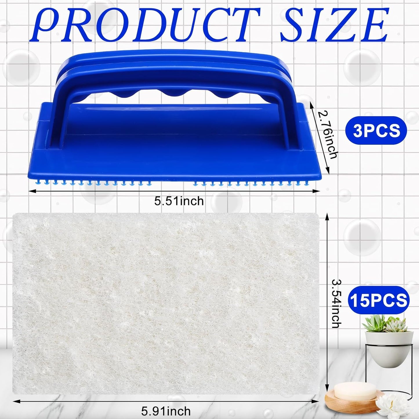 18 Pcs Handled Bath Scrubber Set, 15 Bathroom Scouring Pad 3 Bathtub Scrubber with Handle Non Scratch Soap Scum Remover for Cleaning Sink Shower Tile Swimming Pool Step and Corners(Blue and White)