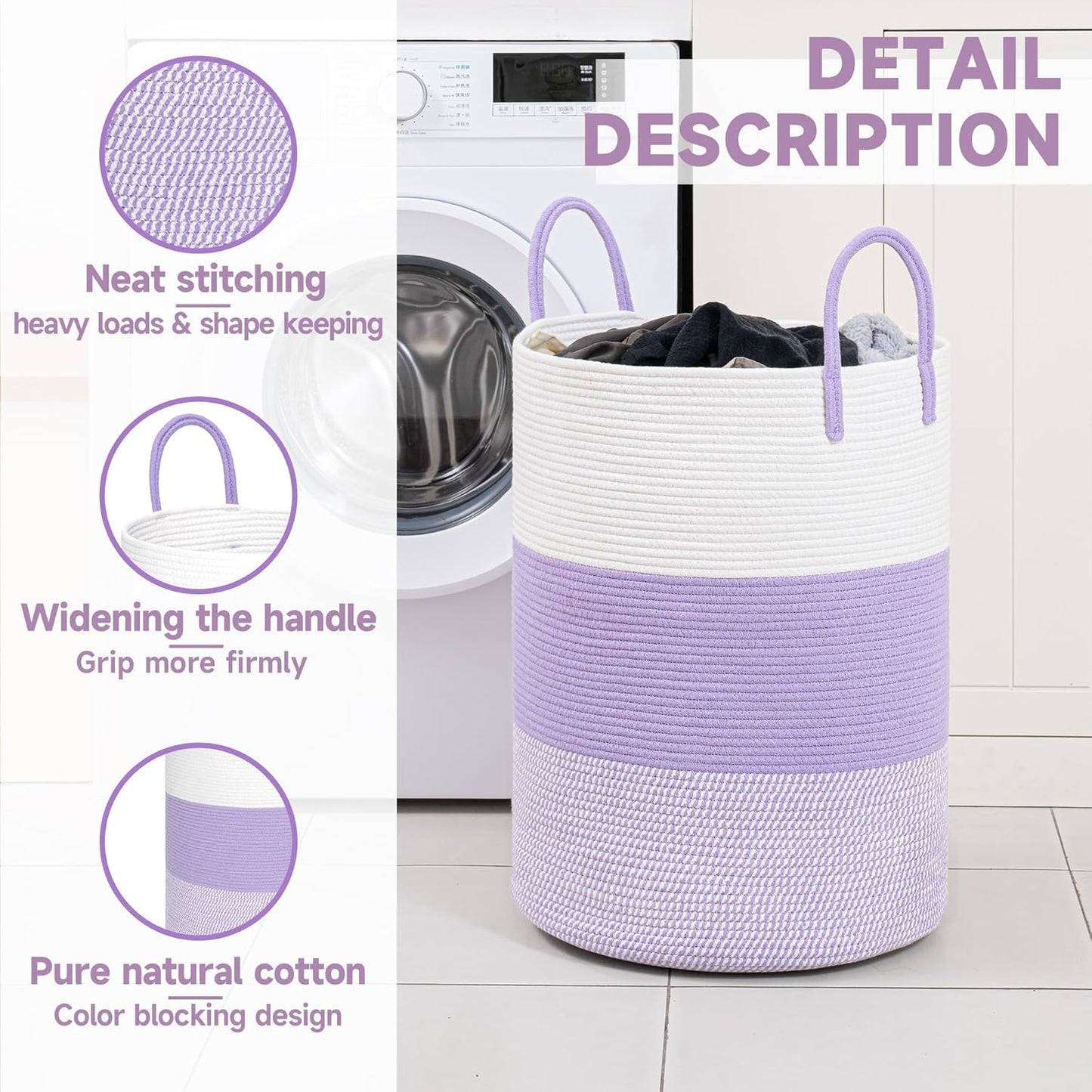 CLHMILY&Z 80L Laundry Basket Round Storage Rope Basket - 16.5x22.5 Inches - Lavender Hamper in Bedreoom and Cute Storage Bin for Blankets, Toys, and Nursery Essentials