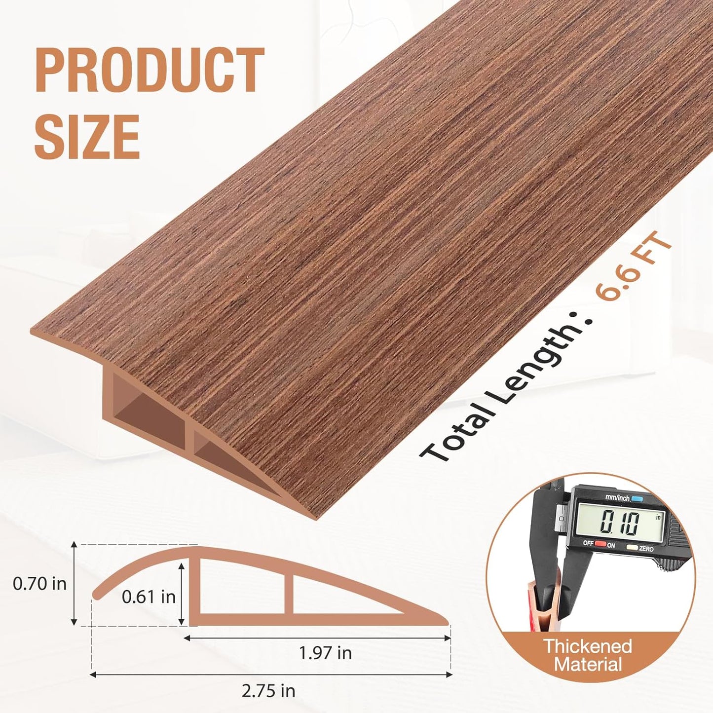 Floor Transition Strip Self Adhesive Vinyl Door Threshold for Doorways Carpet Edging Trim Overlap Edge Reducer for Laminate Floor, Carpet, Tile (Light Brown Wood Grain, 2/5" to 3/5", 6.6Ft)