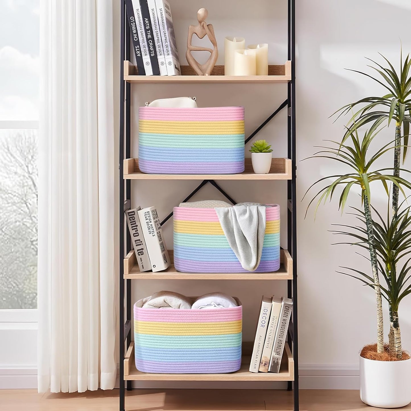 Shelf Baskets for Organizing, Woven Storage Basket for Shelves，Cotton Rope Storage Bins for Toys Books, Nursery Towel Baskets for Classroom, 14.96"X9.8"X8.85", 3-Pack Pastel Rainbow