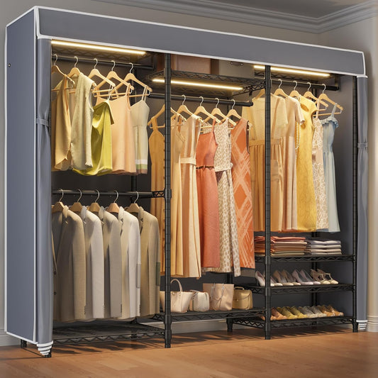 VIPEK V5LC Garment Rack Heavy Duty Covered Clothes Rack with Dimmable LED Lights, 3000K Warm White, Portable Closet Wardrobe Freestanding Clothing Rack for Hanging Clothes, Black Rack with Grey Cover