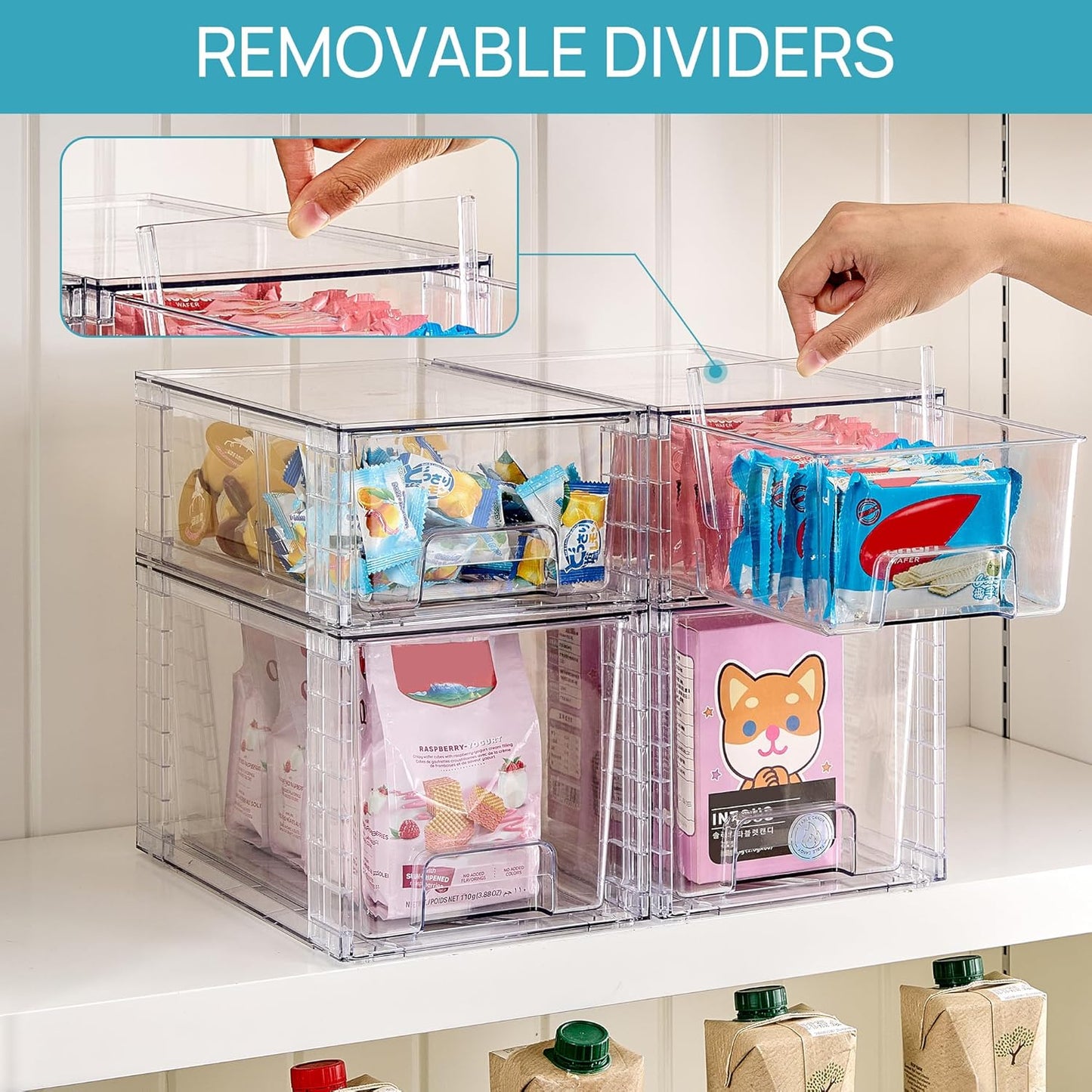 Vtopmart 4 Pack Clear Stackable Storage Drawers,Easy to Assemble Bathroom Organizers and Storage with handles,Plastic Drawers for Kitchen Pantry,Cabinet,Under Sink Organization