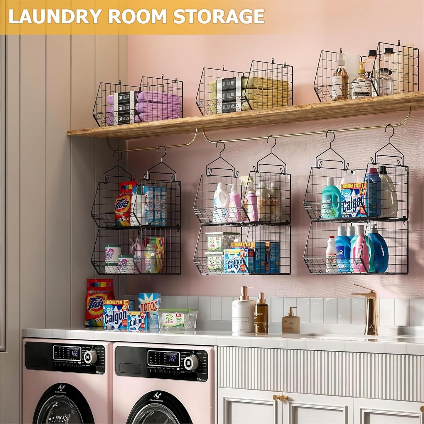 X-cosrack 3-Tier Hanging Storage Organizer for Closet, Laundry & Utility Room | Space Saving Shelves with 1.65" Hook & 5 S-Hooks | Hanging Wire Baskets (12.4" W x 8.8" H x 10.24-11.8" D)