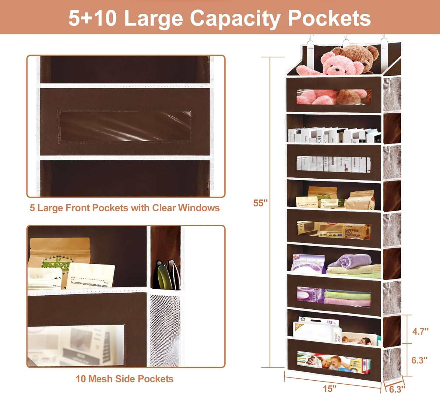 5-Tier Over The Door Storage Organizer with 10 Side Mesh Pockets, 48 lbs Load Capacity, 3 Hooks Design, Door Hanging Organizer with Clear Windows for Bathroom, Bedroom, Nursery, Kitchen-Brown