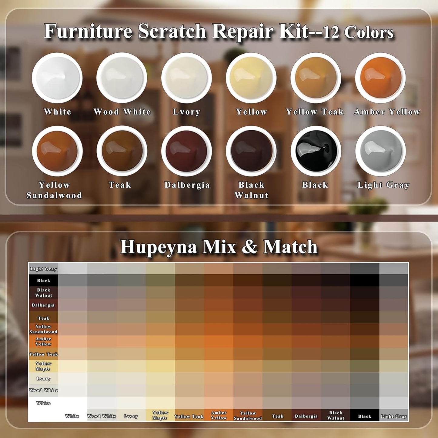 Wood Repair Kit, 12 Color Wood Fillers, Furniture Repair Kit, Repair Scratch, Cracks, Stains, Discoloration for Wood Furniture, Door, Cabinet, Floor, Table Surface Wood Touch up Filler Wood Paint