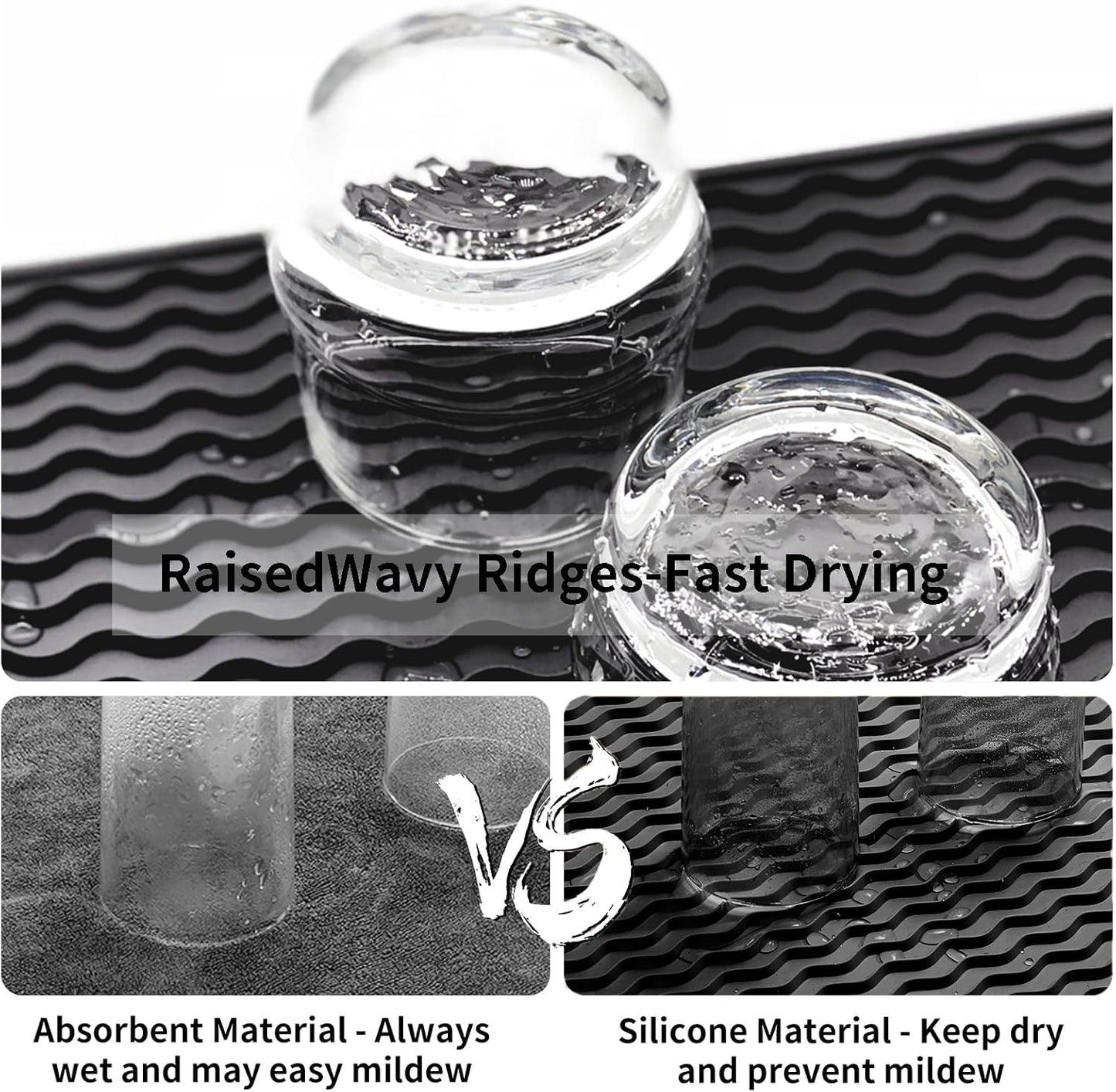 ZLR Silicone Dish Drying Mat for Kitchen Counter, Eco-Friendly Fast Dry Dish Mat, Easy Clean Multi Usage Drying Matt, Heat Resistant Trivet, 12" x 12" Middle, Black