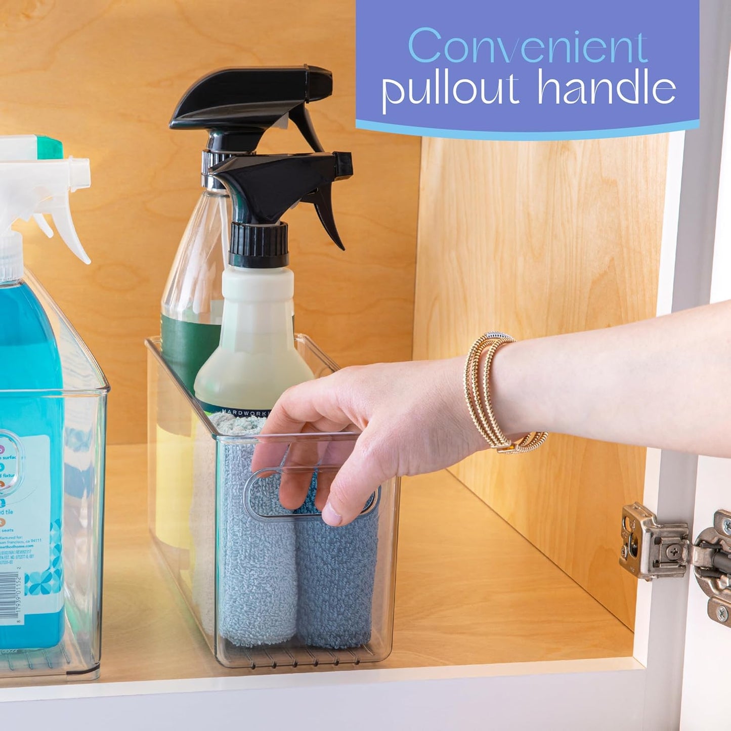 Plastic Food Storage 4 Pack Clear Container Bin with Handles for Organizing Kitchen, Pantry, Refrigerator, Freezer, Pantry, Cabinet, Closet, Bathroom. 10”x4”x5”