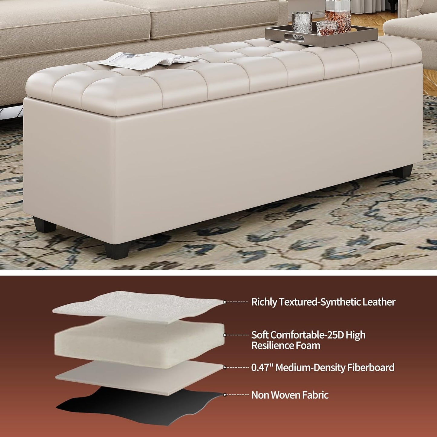 Small 38 Inches Long White Ottoman Bench with Storage,Footstool Furniture End of Bed Benches,Faux Leather Ottomans and Seat for Foot Rest in Bedroom, Living Room, Entryway