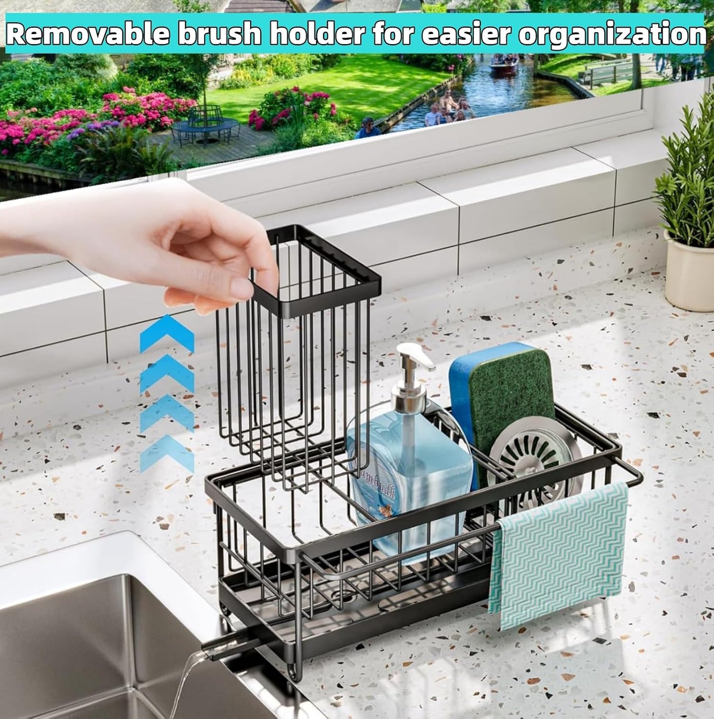 Sink Caddy Sponge Holder with Auto Draining Tray, Space-Saving Soap Dispenser Storage Kitchen Organizer Accessories (Black Holder)