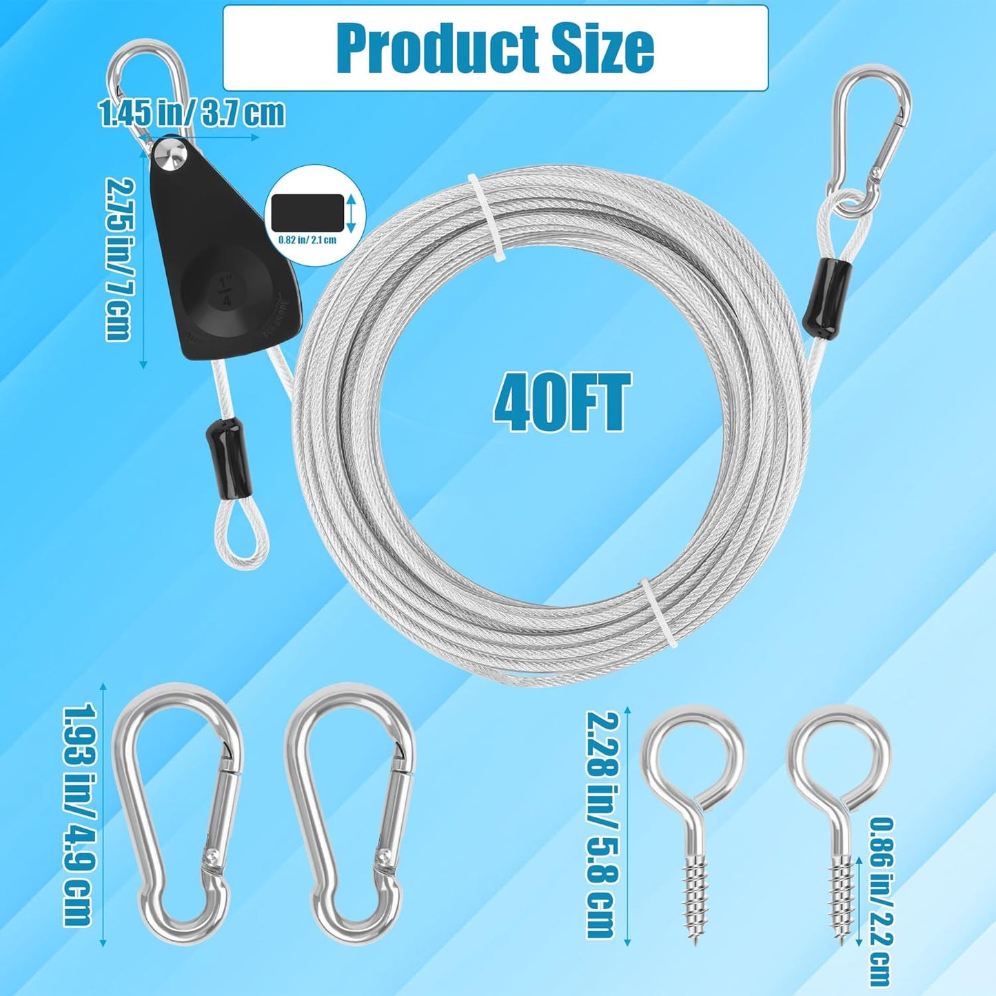 20FT/ 40FT Retractable Travel Clothesline, Adjustable Outdoor Clothesline Drying Clothes Line Laundry for Travel Camping, with Ratchet Pulley/ 2 Screws/ 2 Buckles (Black+Silver, 236, Inches)