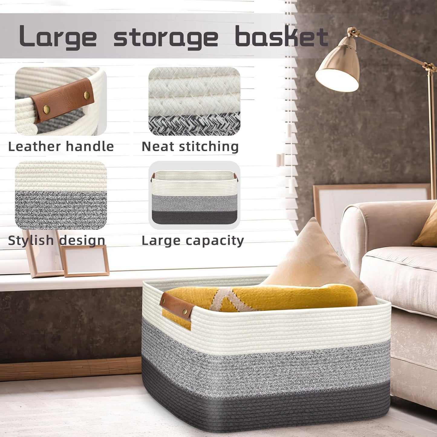 Large Collapsible Laundry Basket, Clothes Hamper for Blanket, Toy, Towels, Woven Baskets for Storage, Nursery Home Decor Living room 21.6" x 15" x 11.8", Gradient Grey