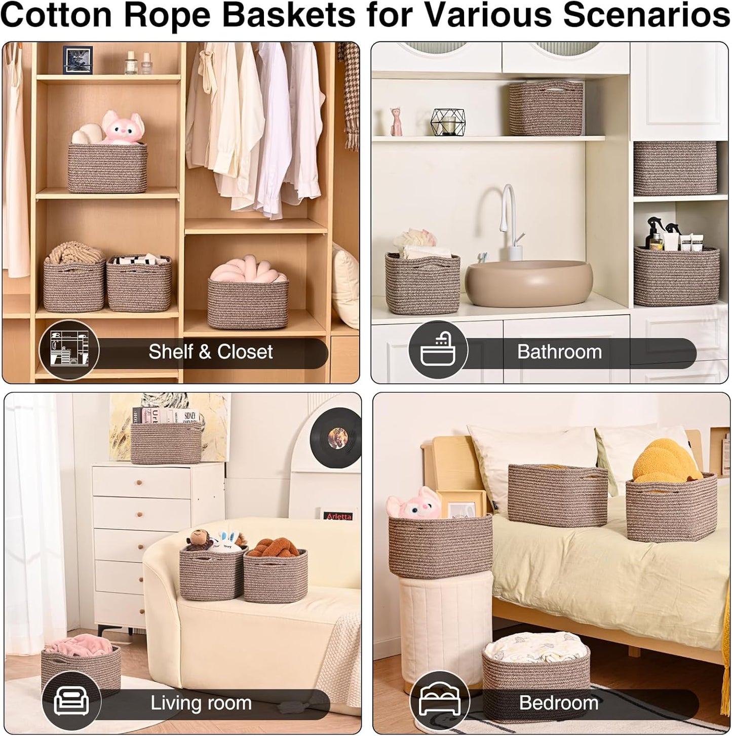 Small Storage Baskets for Organizing Shelves, Cotton Rope Basket for Storage, Cute Rectangular Book Toy Basket, 12.7"×9.1"×7.9", 4 Packs, Dark Brown