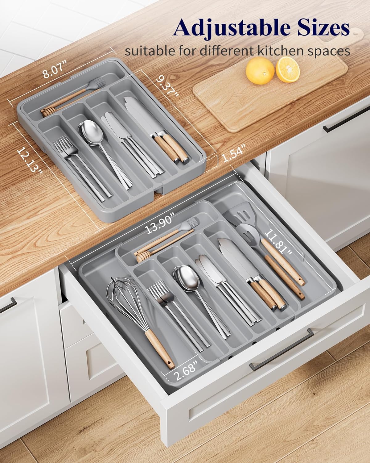 Kitsure Cutlery Drawer Organiser for Kitchen - Adjustable Cutlery Tray for Effortless Utensil Sorting, Versatile Kitchen Storage & Organisation Solution, 12.13" x 1.54" x 8.07"~13.90", Light Grey