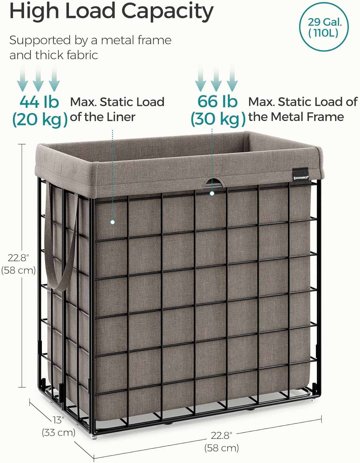 SONGMICS Laundry Hamper, 29 Gal. (110L) Laundry Basket, Collapsible Clothes Hamper, Removable and Washable Liner, Metal Wire Frame, for Bedroom Bathroom, Black and Camel Brown ULCB111N01