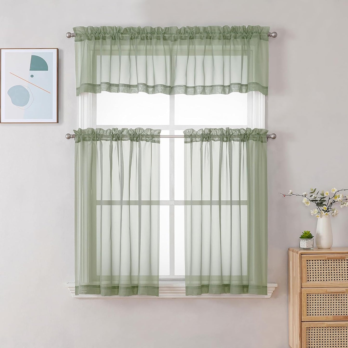 Chyhomenyc Sheer Window Valance Curtains, 42x14 Inches 2PCS, Light Filtering Valances Windows Treatment, Small Rod Pockets Voile Sheer Curtains for Living Room/Bathroom/Basement, Sage Green