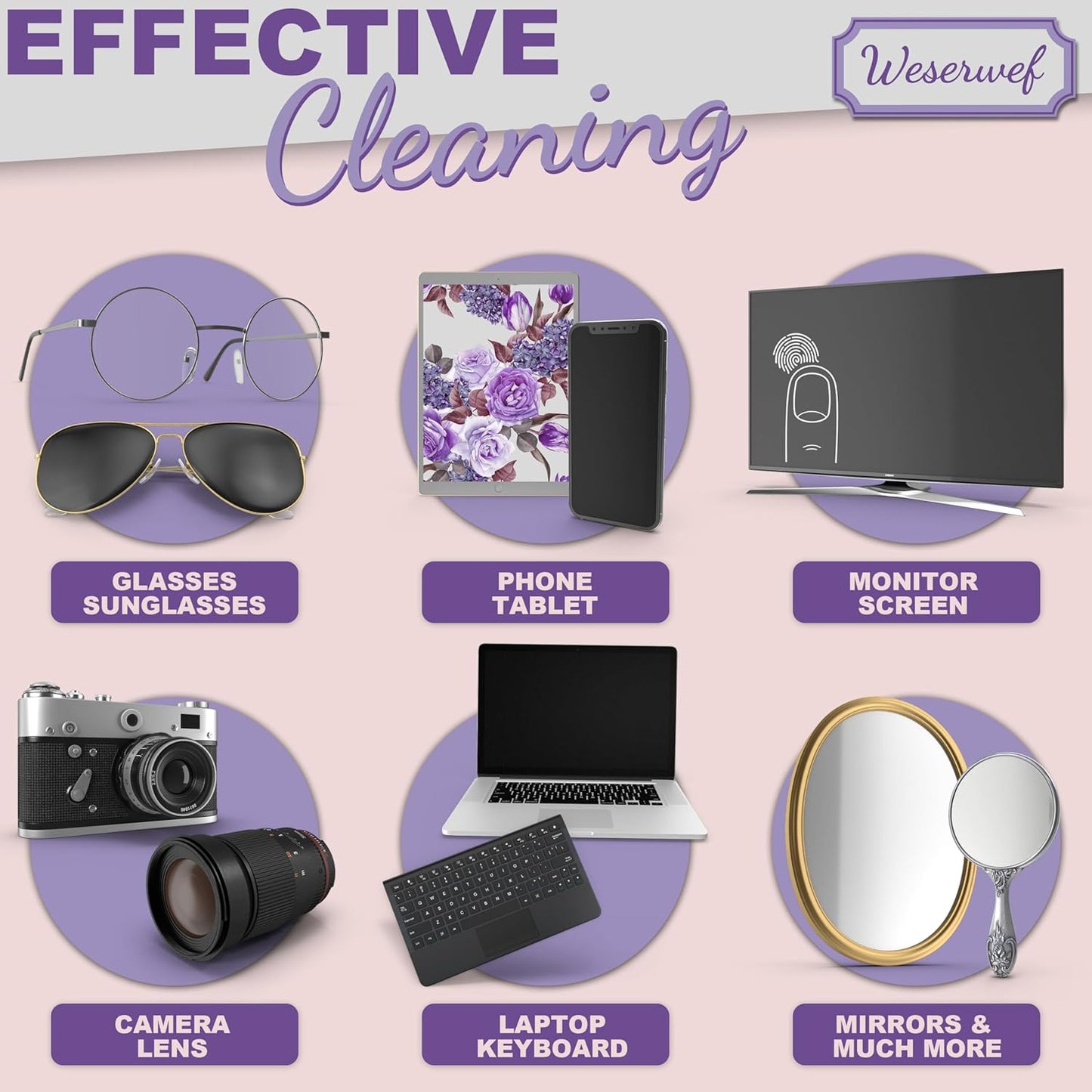 WESERWEF Design Microfiber Glasses Cleaning Cloth – Premium Cleaning Cloth for Eyeglasses, Screens, Tablets, Cameras & Lenses, 12" x 12", Ultra-Soft & Scratch-Free (Rose and Lilac)