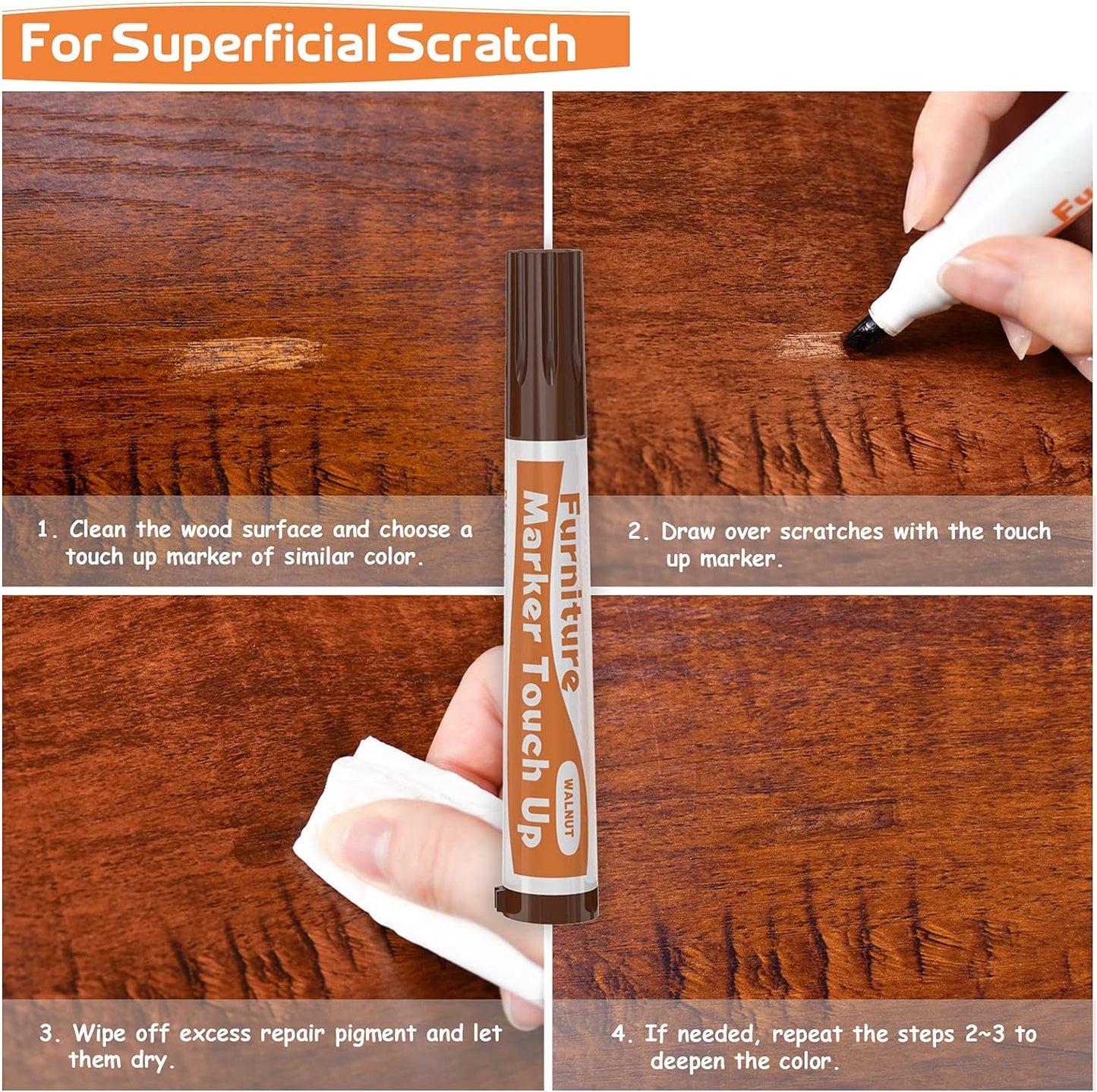 REALINN Wood Furniture Repair Kit 8 Dark Colors- Wood Fillers and Touch Up Markers, Repair Scratch, Cracks, Discoloration for Wooden Door, Floor, Table, Cabinet