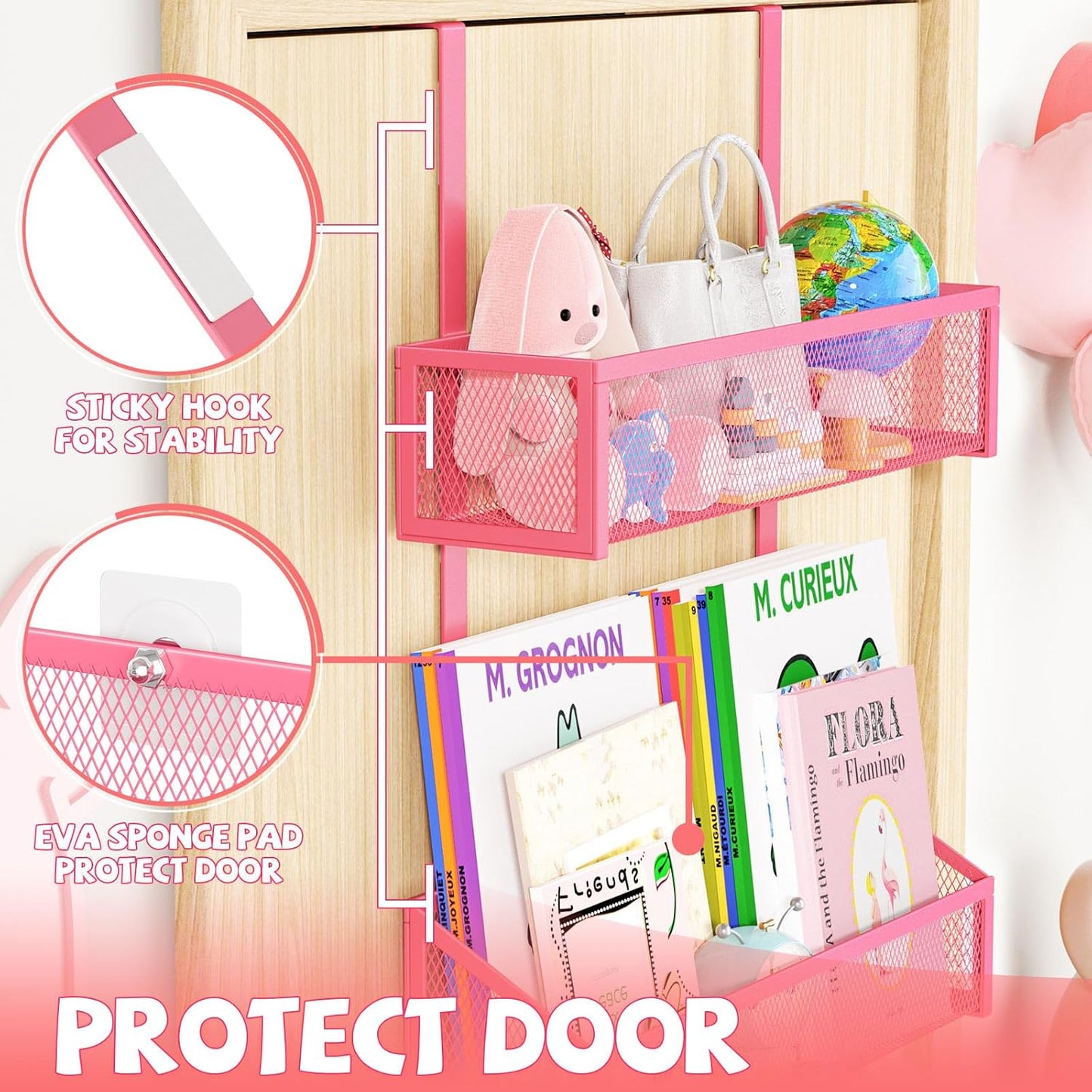 Over The Door Hooks Organizer, Coat Rack Over The Door Storage Hanger Towel Rack, Back of Storage Organizer for Bathroom,Bedroom,Kitchen,Office (Pink 3-Tier)