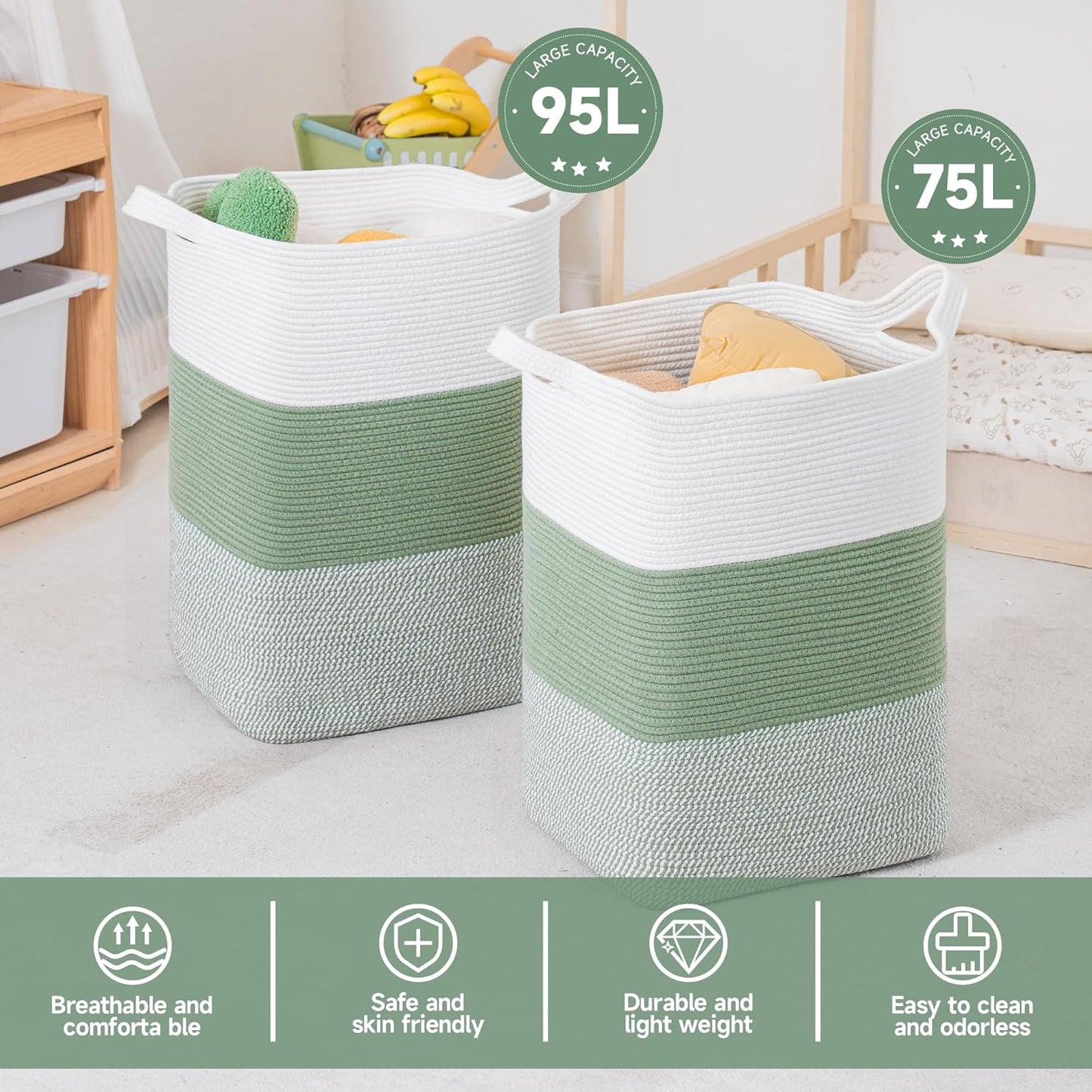CLHMILY&Z 95L Laundry Basket Rectangular Green Rope - 16x15x24 Inches - Dirty Clothes and Soft Storage Bin for Blankets, Toys, and Nursery Essentials