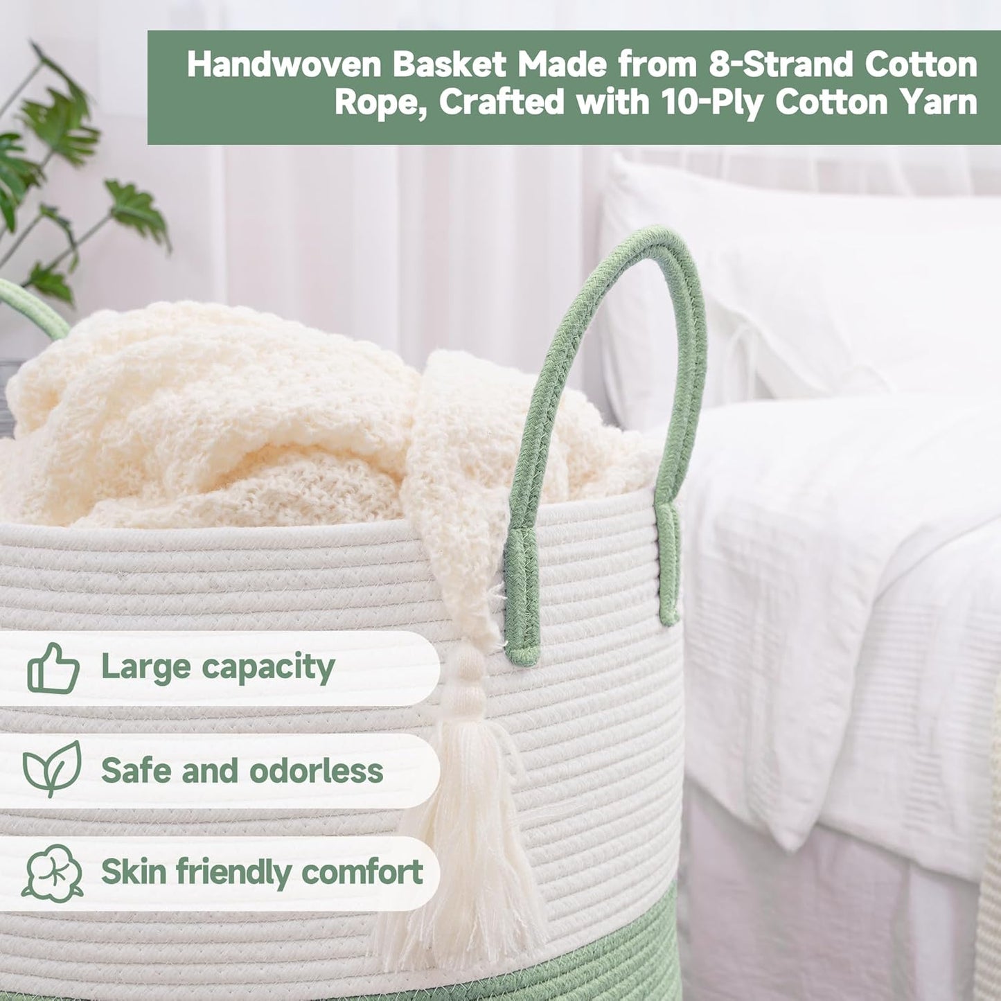 CLHMILY&Z 40L Laundry Basket Round Storage Rope Basket - 13x18 Inches - Green Hamper in Bedreoom and Cute Storage Bin for Blankets, Toys, and Nursery Essentials