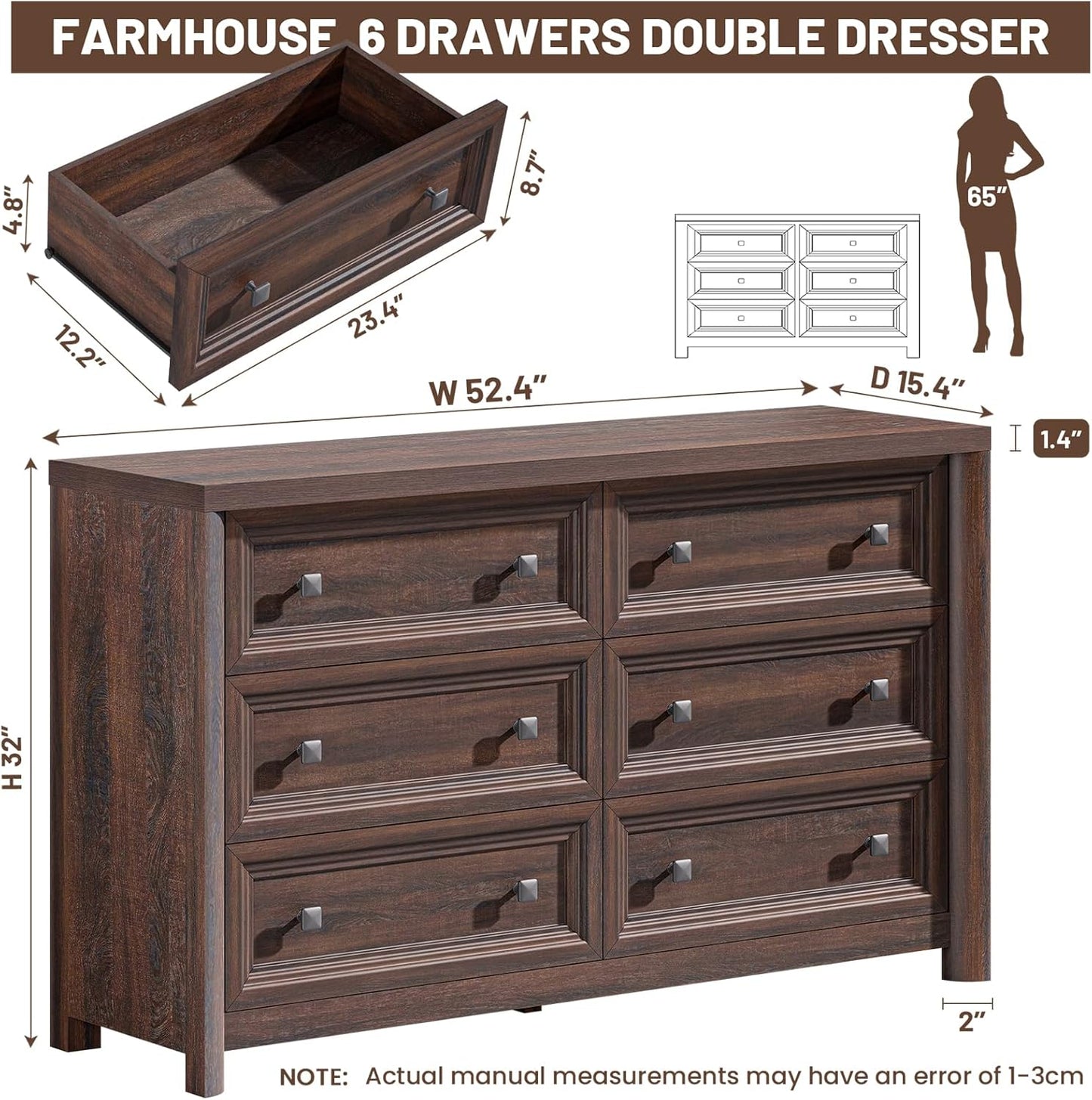 Farmhouse Walnut 6 Drawers Dresser for Bedroom, 52" Wide Chest of Drawers with Metal Knobs, Vintage Wooden Dresser TV Stand, Closet Drawer Organizer for Bedroom, Nursery