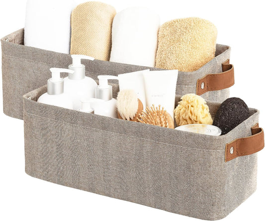 StorageWorks Narrow Storage Bins, Small Basket for Closet and Shelves, Fabric Organizer with Handles, Toilet Paper Storage, Brown and Beige, 2-Pack