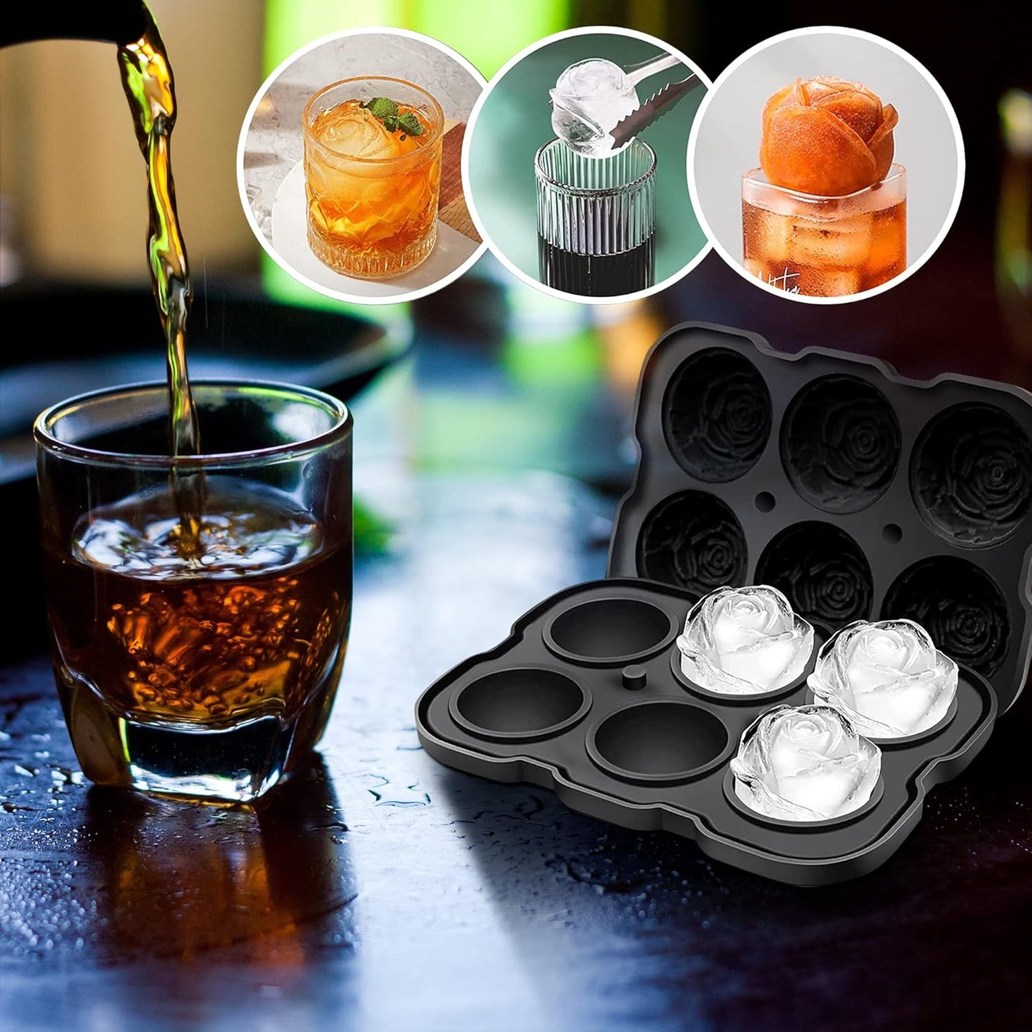 Rose Ice Cube Tray,ZACHDEE 2" Flower Silicone Ice Cube Tray With Covers,6 Easy Release Large Ice Ball for Cocktails, Drinks, Whiskey, Bourbon & Homemade Juice