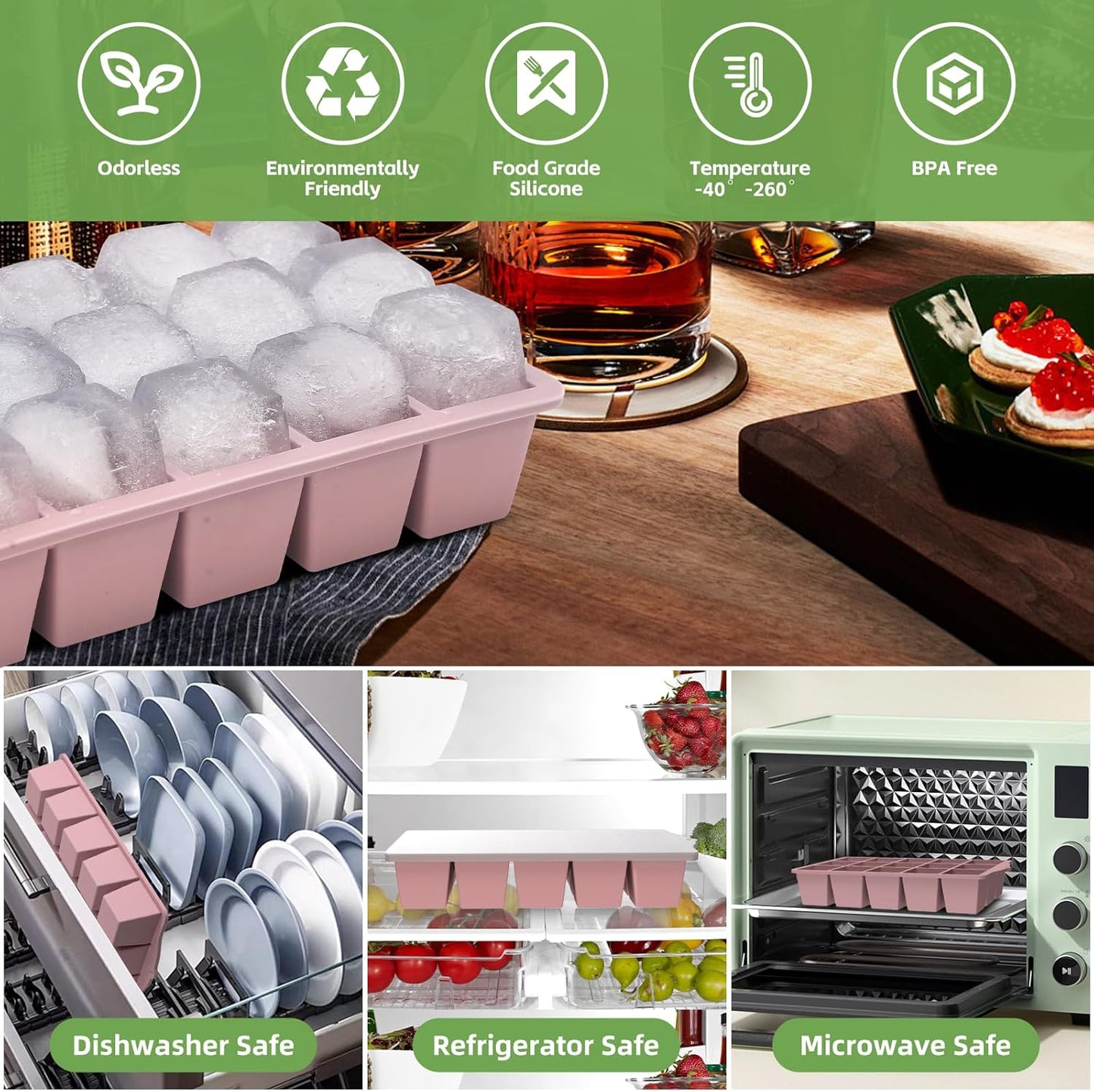 Silicone Ice Cube Tray, 2 Pack Easy-Release Stackable Ice Trays for Freezer with Lid 15 Reusable Cubes, Food Grade BPA Free Ice Molds for Whiskey, Baby Food, Coffee, Cocktail, Drinks (Pink)