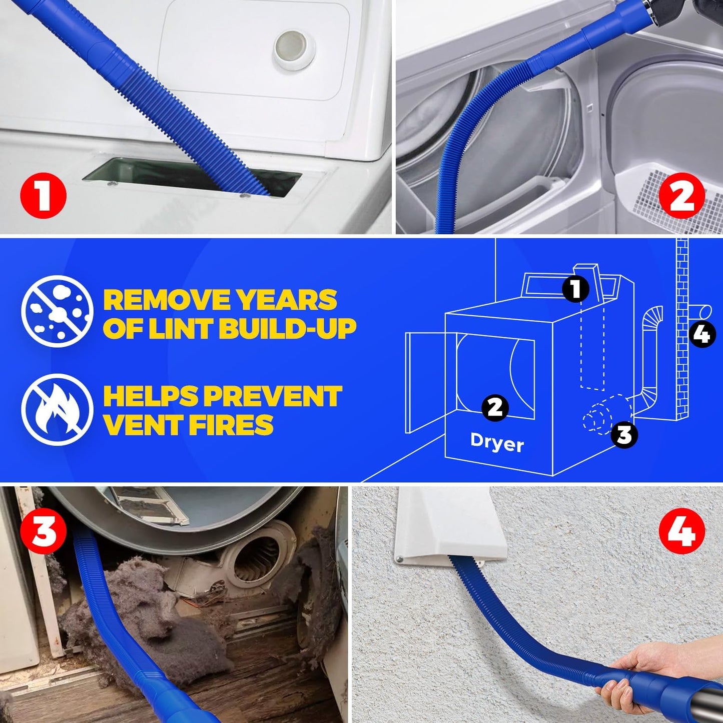 Holikme 2 Pieces Dryer Vent Cleaner Kit, Dryer Lint Vacuum Attachment and Flexible Dryer Lint Brush, Dryer Vent Vacuum Hose Attachment,Dark Blue