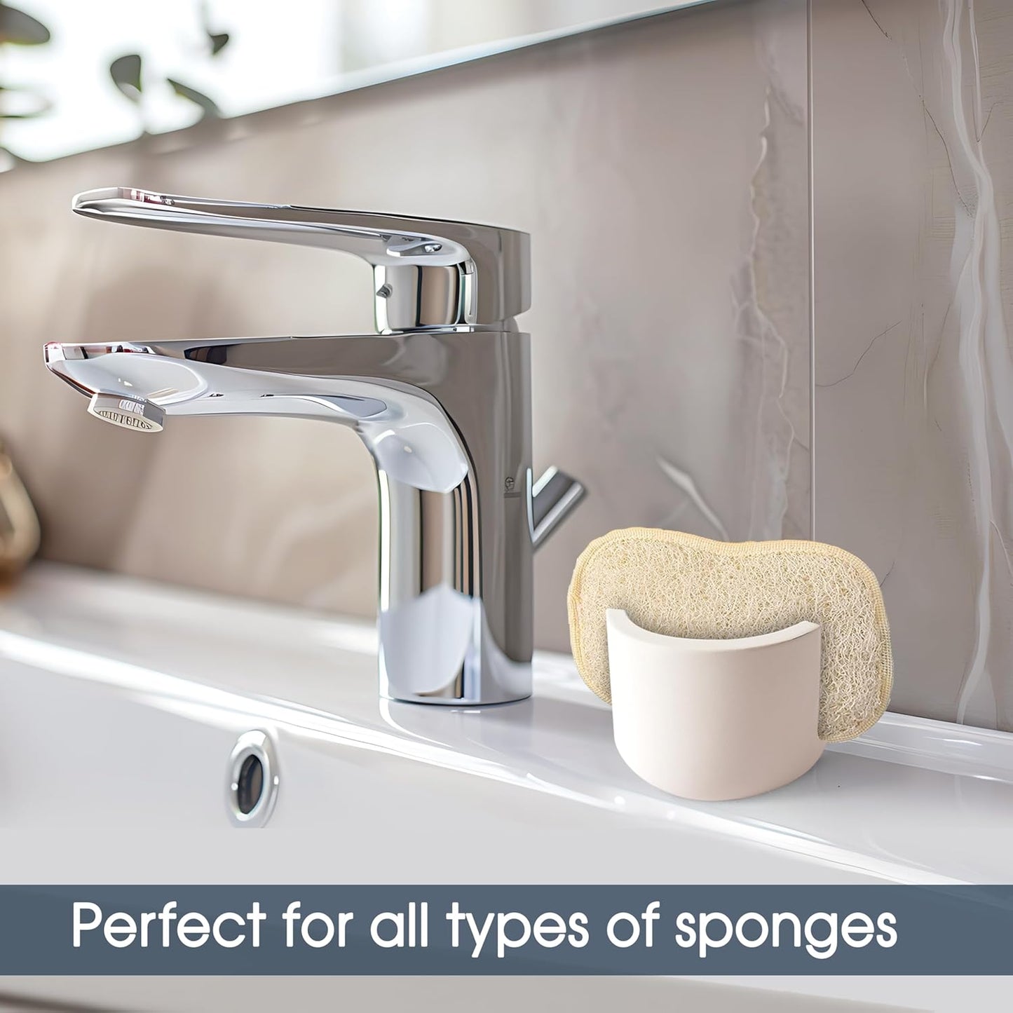 MOPHONICHOME Sponge Holder, Stone Sponge Holder for Kitchen Sink - Diatomite Kitchen Sink Caddy, Quick Dry, Super Absorbent, Modern Design, Cream