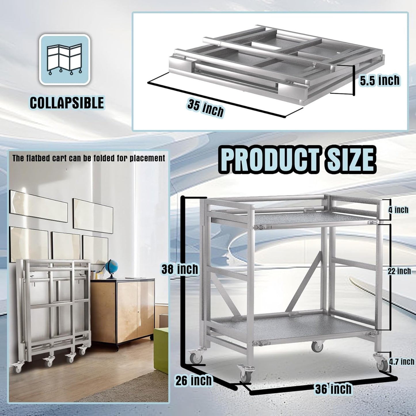 2 Shelf Rolling Cart with Wheels, 660lbs Capacity Collapsible Steel Rolling Utility Cart, Heavy-Duty Foldable Workbench, Metal Rolling Storage Cart with Handle for Groceries, Warehouse (36" Lx26 W)