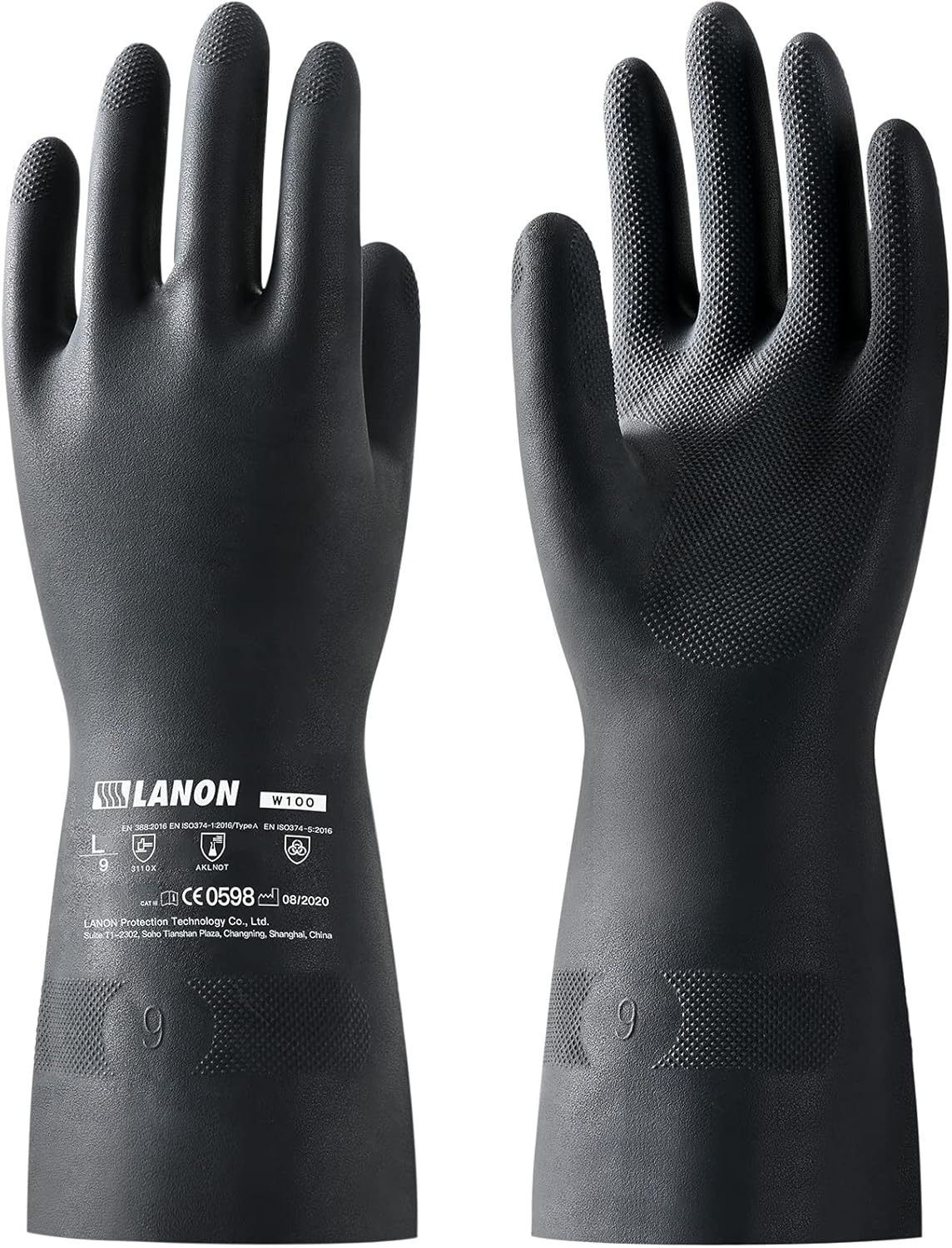 LANON Rubber Chemical Resistant Gloves, Reusable Heavy-duty Safety Work Gloves, Acid & Alkali Protection, Non-Slip, Large