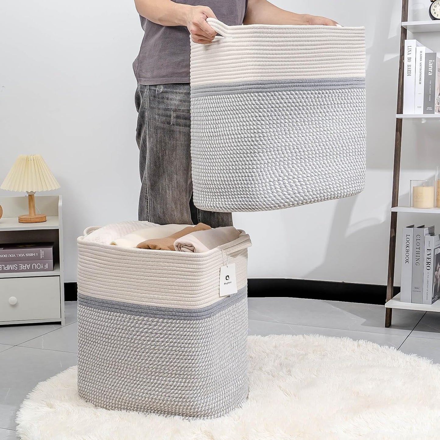 Storage Baskets for Clothes Fabric Cotton Rope Storage Basket with Handles, Decorative Woven Basket for Living Room,Closet Organizer Blankets, and 2bags (White/Gray, L17.8×W12.5×H17.9)