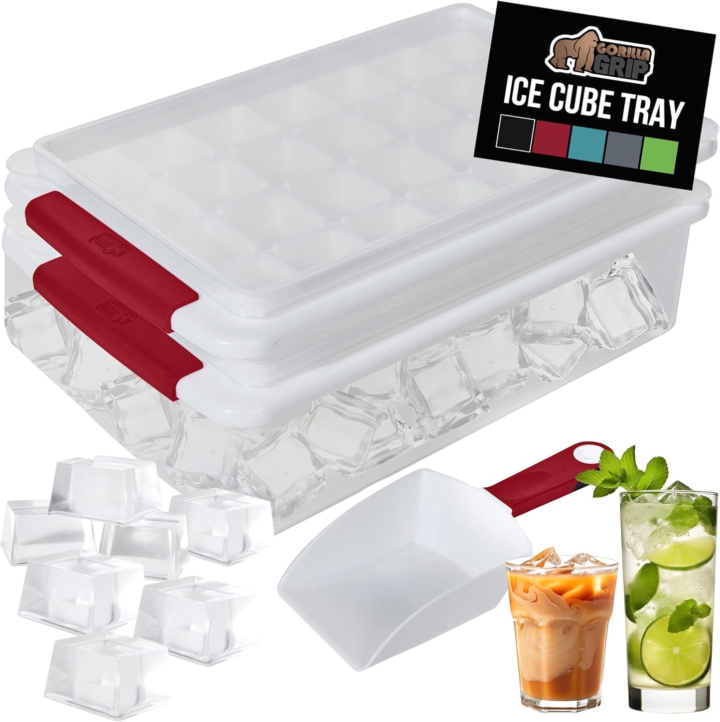 GORILLA GRIP Stackable Ice Cube Tray and Bucket Set for Freezer, Includes 2 Trays with Lid and Scooper, Easy Release, Makes 56 Cubes for Cocktail Soda Coffee, Leak Proof Bin Kit, Kitchen Tools, Red