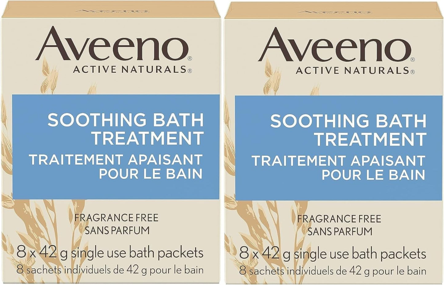 Aveeno Fragrance Free Soothing Bath Treatment, 100% Natural Colloidal Oatmeal, Sensitive Skin Bath Soak for Relief of Dry, Itchy, Irritated Skin Due to Eczema & Hives, Bath Packets, 8 ct. (Pack of 2)