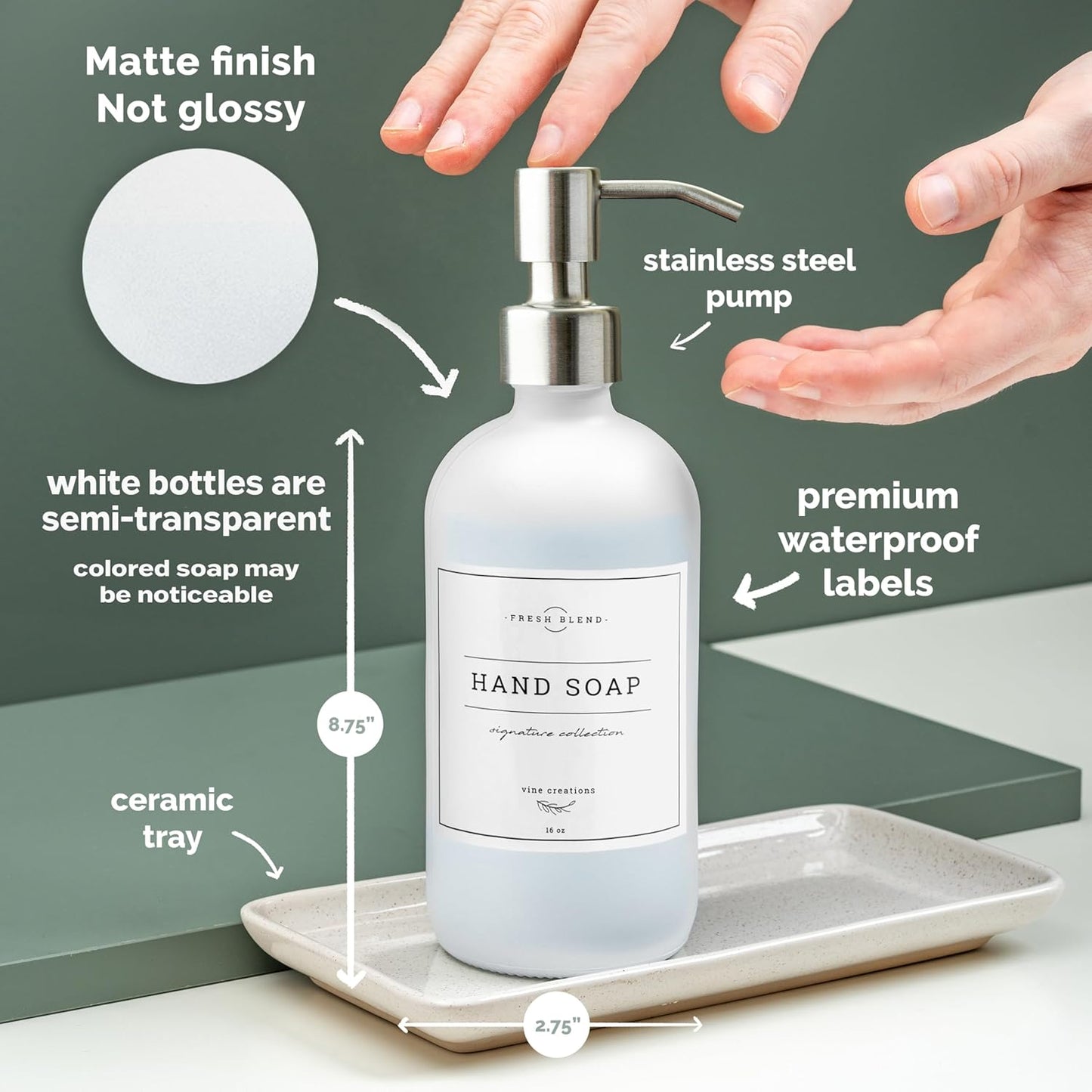 Vine Creations Glass Soap Dispenser, 2 Pack Kitchen Soap Dispenser Set with Ceramic Tray, Stainless Steel Pump, Dish Soap and Hand Soap Dispensers for Bathroom or Kitchen Decor with Waterproof Labels