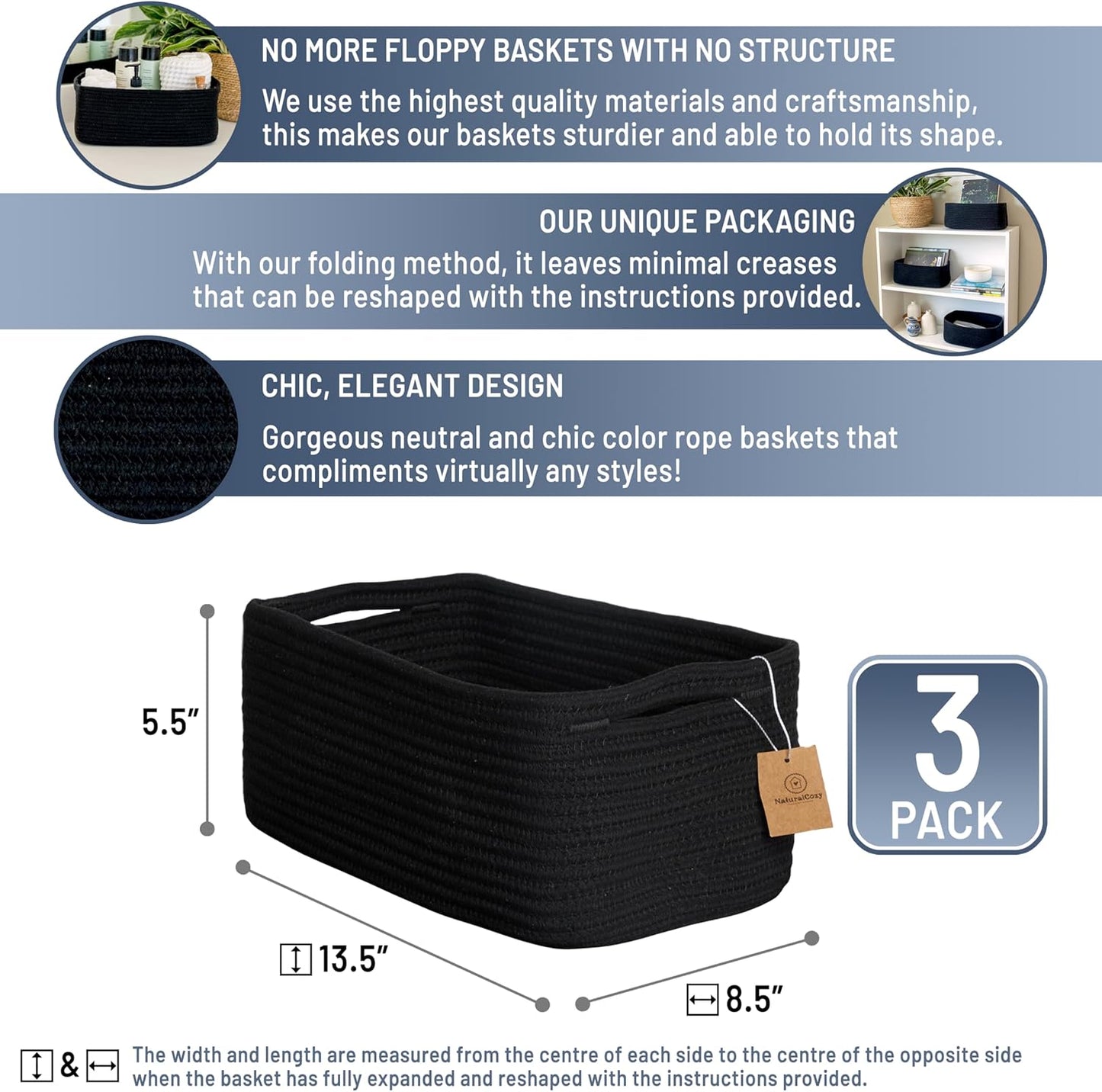 NaturalCozy 13.5”x8.5”x5.5” Rectangle Storage Baskets for Shelves 3 Pack | Cotton Rope Woven Small Baskets for Organizing | Small Storage Bins for Nursery, Bathroom, Closet, Shelf, Decorative