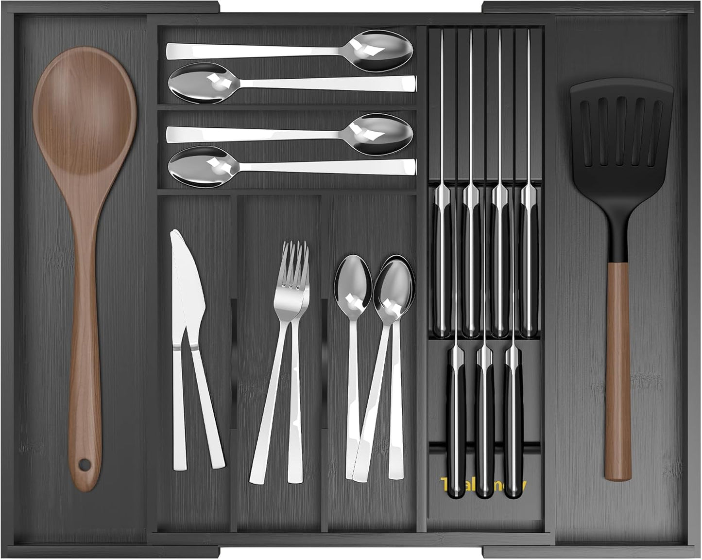Bamboo Kitchen Drawer Organizer, Expandable Utensil Organizer with Removable Knife Block, Cutlery Tray Holder with Divider, Adjustable Silverware Organizer, Black