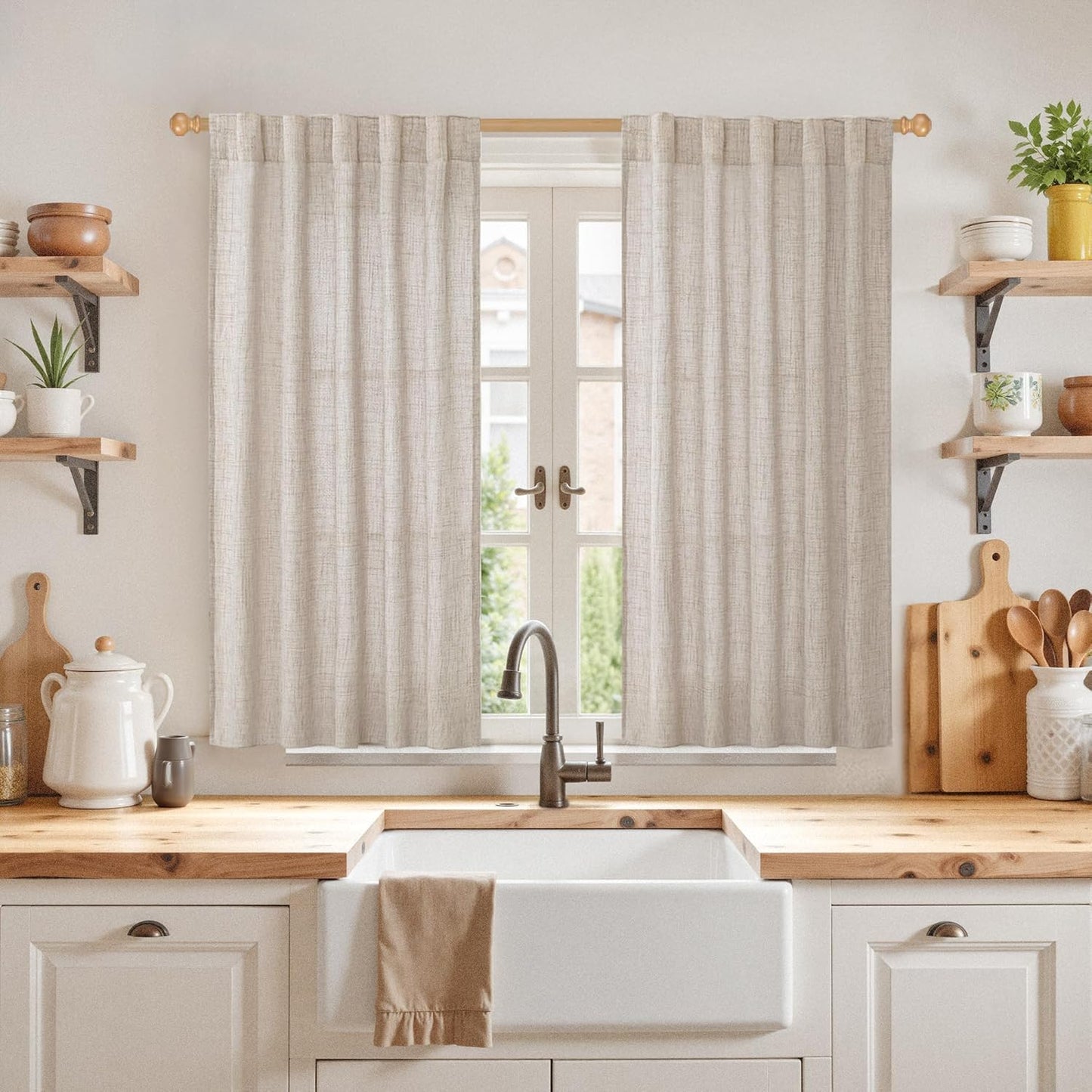 YoungsTex Linen Curtains 48 Inch Length for Kitchen Window, Short Natural Semi Sheer Drapes with Rod Pocket Back Tab for Living Room Bedroom Cafe Bathroom Light Filtering, 2 Panels, 42 X 48 Inch