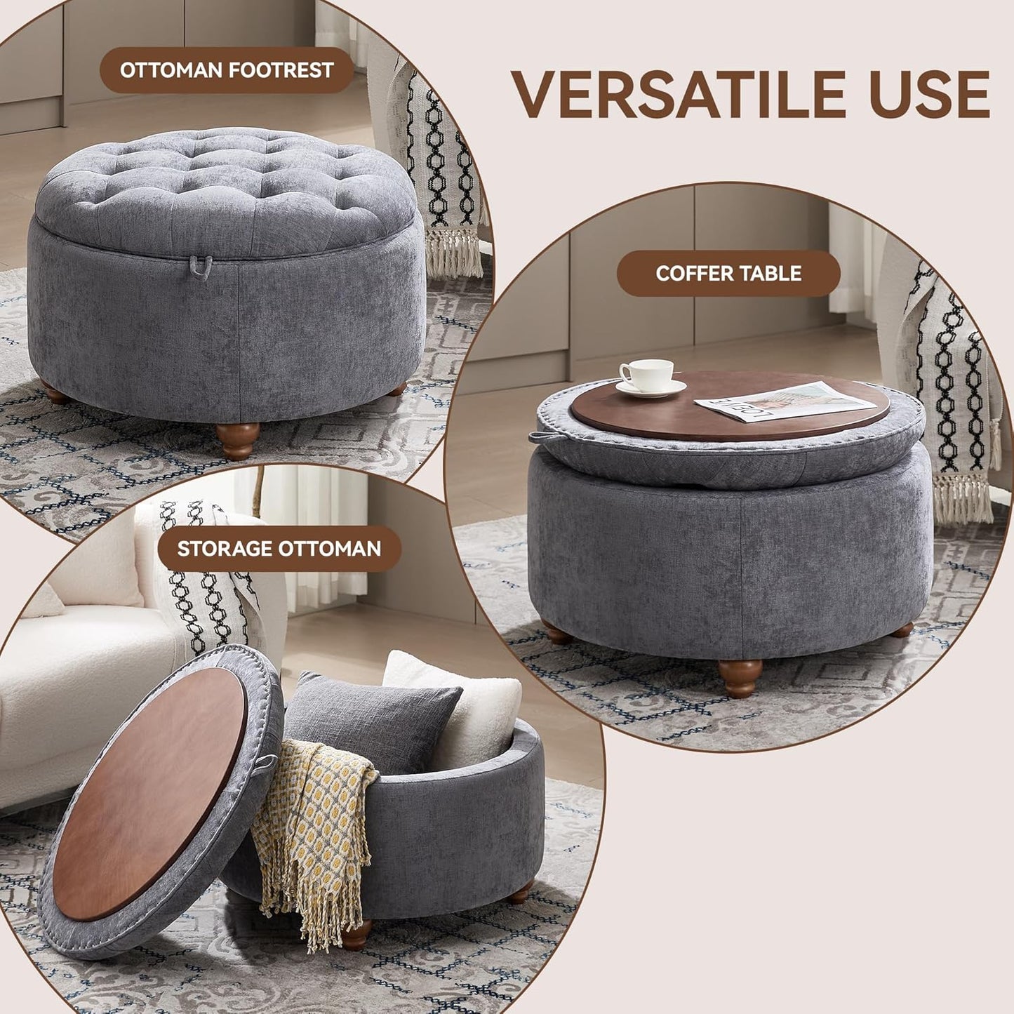 30Inch Round Storage Ottoman with Tray, Modern Tufted Circle Coffee Table with Storage, Upholstered Ottoman with Removable Top for Living Room, Bedroom, Chenille Blue