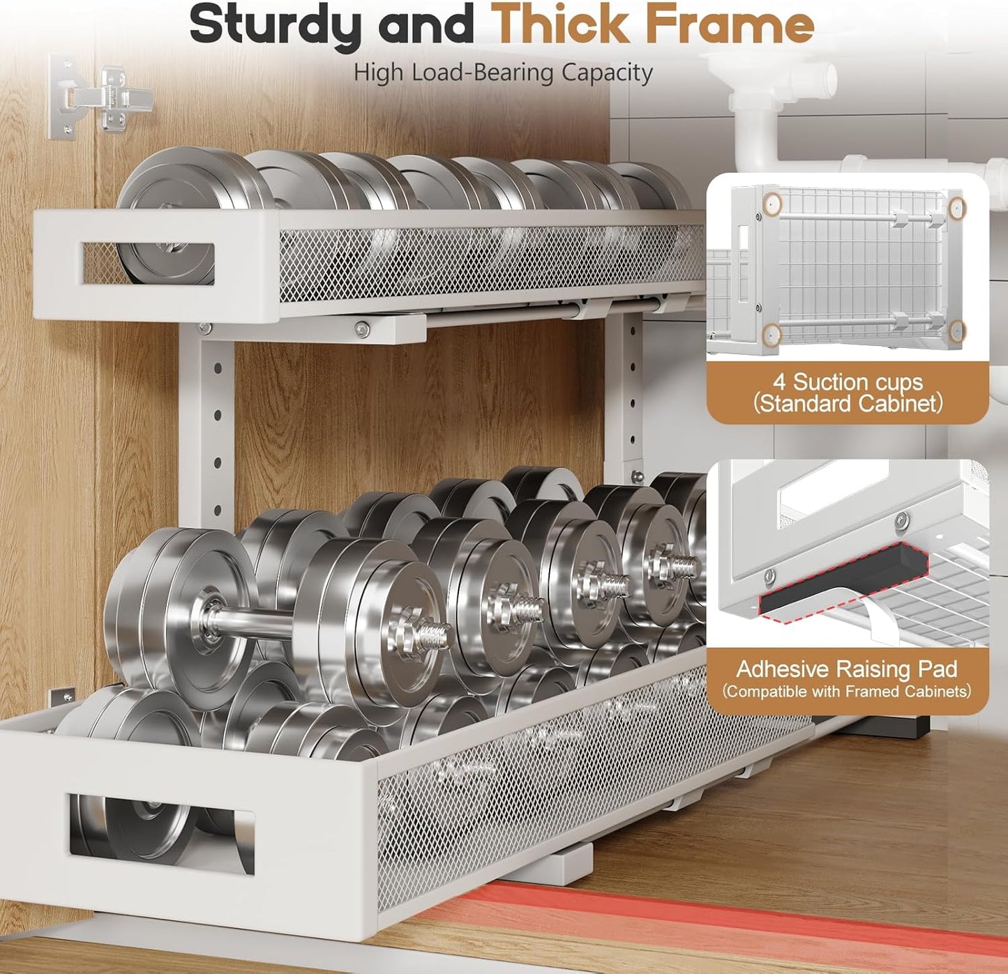 2 Pack 20.47IN Depth Under Sink Storage Organizer, Large 2-Tier Elegant Mesh Pull Out Shelf for Kitchen and Bathroom Cabinet Organization, L-Shaped and Adjustable Height Design-White