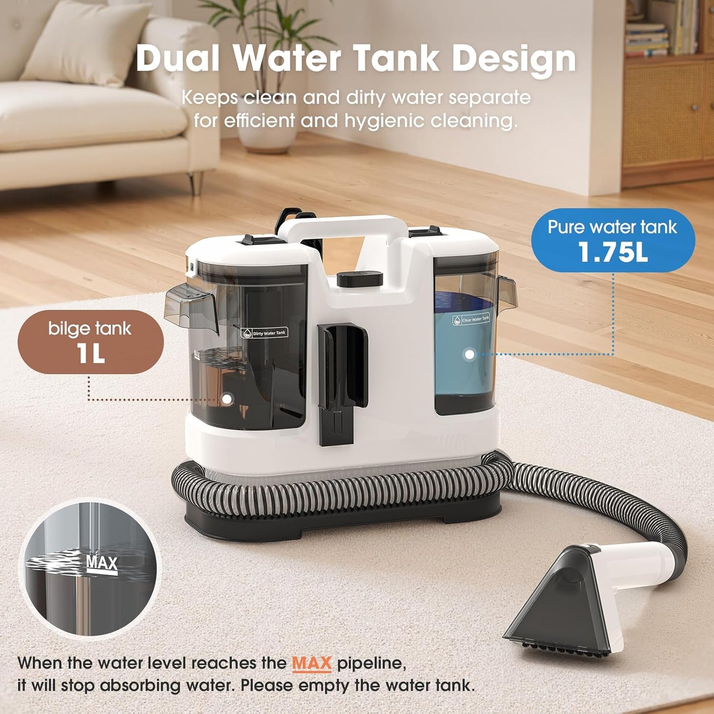 Upholstery Cleaner Machine - 13.5Kpa Suction Couch Cleaner Machine, Handheld Portable Carpet Cleaner with Self-Cleaning and 450W Motor for Pet Stain, Couch, Stair, Car Seat and Area Rug