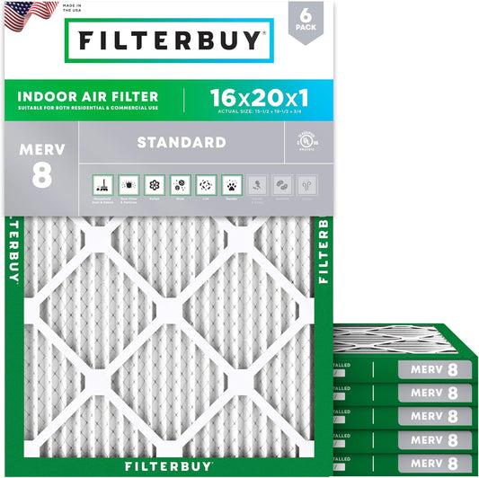 Filterbuy 16x20x1 Air Filter MERV 8 (MPR 700) Dust Defense Replacement (6-Pack), Electrostatic Pleated HVAC AC Furnace Filters, Made in USA (Actual Size: 15.50 x 19.50 x 0.75)