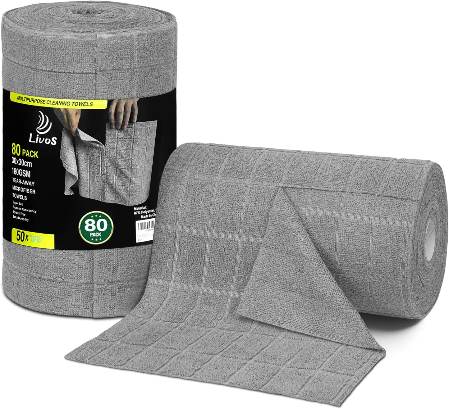 LIVOS Microfiber Cleaning Cloth Roll - 80 Pack, Reusable Paper Towels, Microfiber Towels for Cars, Super Absorbent Lint Free Cleaning Rags for House, Kitchen, Window-Check Grey, 11.5"x11.5"