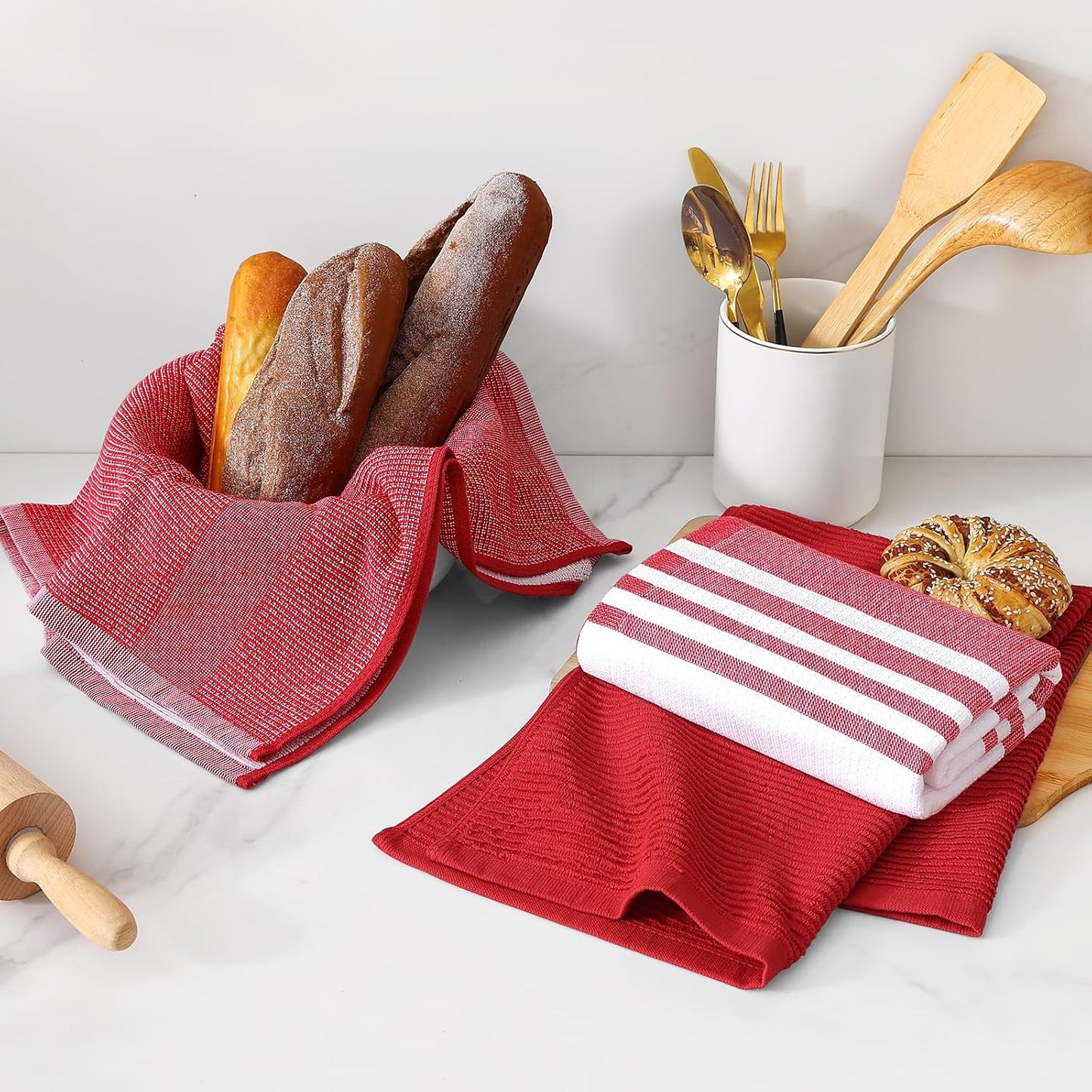 Homaxy Premium Kitchen Towels(18”x 28”, 12 Pack), Large Cotton 380 GSM Kitchen Hand Towels, Soft and Absorbent Terry Dish Towels, Multipurpose Tea Towel Set with Hanging Loop, Red