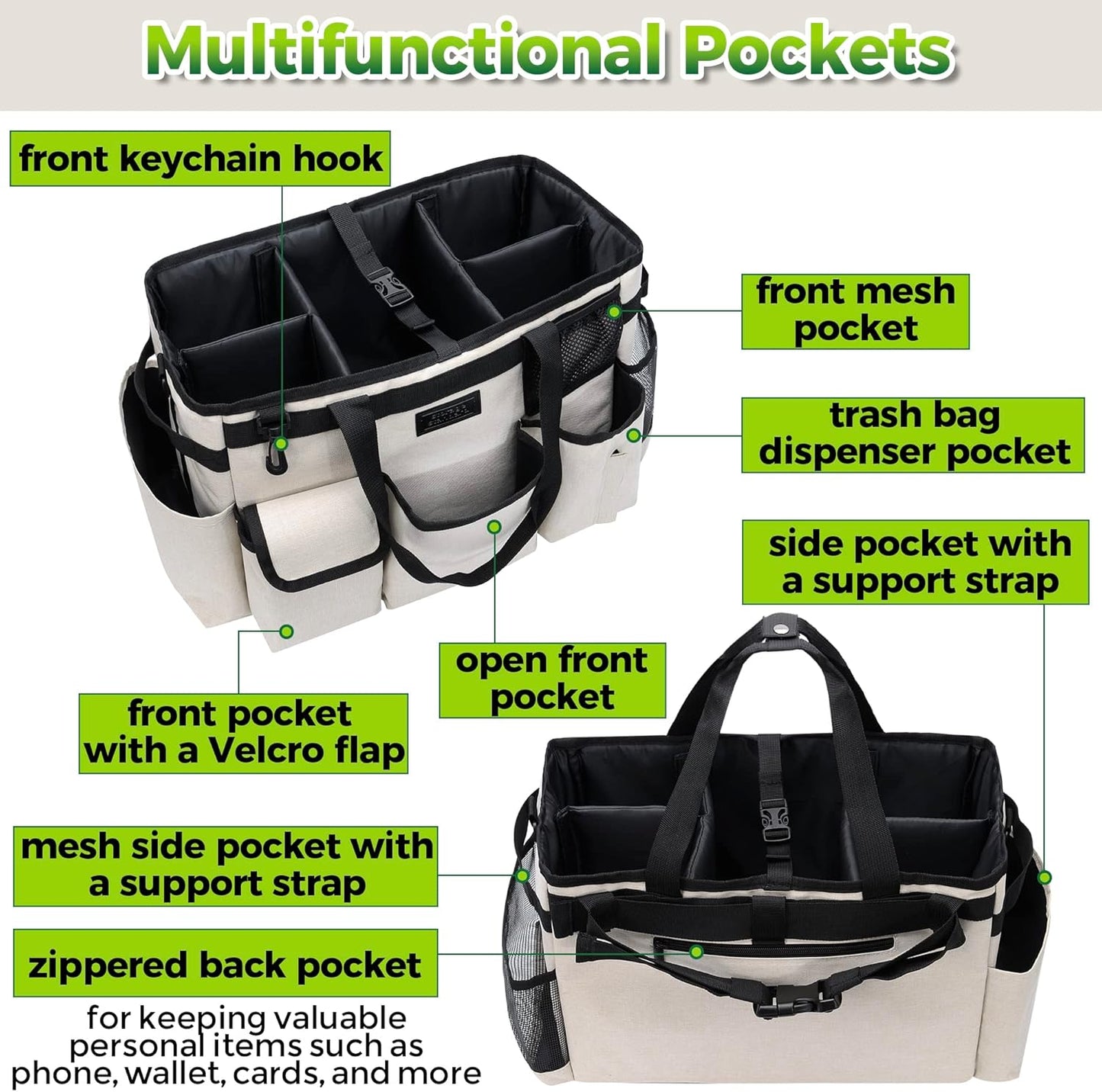 Cleaning Caddy Organizer with Handle - Large Caddy Bag for House & Bathroom Cleaning Supplies, 15 x 8 x 10.5 inches Cleaning Supply Caddy, Housekeeping Tote with Adjustable Strap - Beige