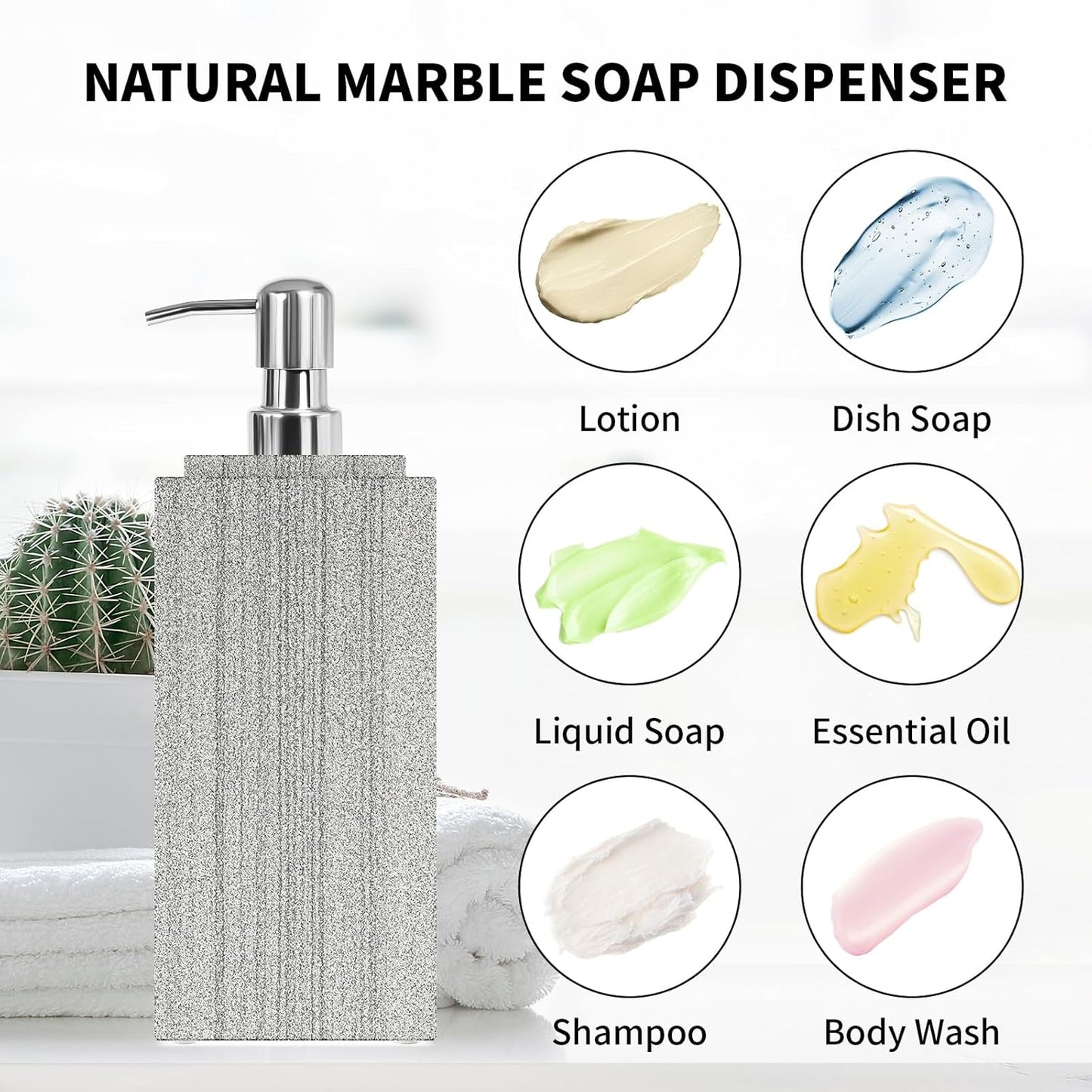 Marble Soap Dispenser for Bathroom, Amaauto Natural Marble Hand Liquid&Lotion Soap Dispenser Pump Bottle for Kitchen Bathroom Countertop Holds Dish Soap Shampoo Laundry Liquid Shower Gel