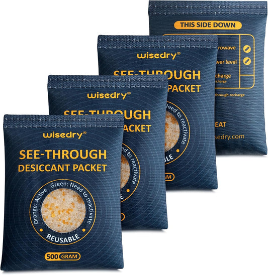 wisedry 4 x 500 Gram See-Through Silica Gel Packets, Color-Indicating Desiccant Packs for Storage, Reusable Safe Dehumidifier, Heat Resistant Dehumidifier Bags